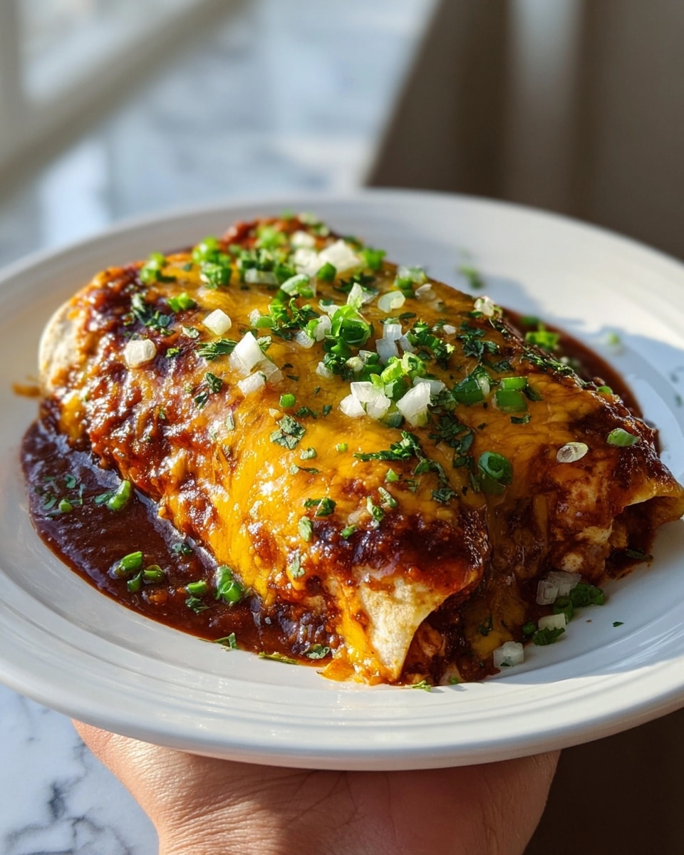 A large cylindrical enchilada sits on a white plate, tightly wrapped in a light beige tortilla at the base. It is covered with two layers of melted cheese, glowing with a rich yellow-orange color, mixed with browned spots showing a slightly crispy texture. A thick, dark red-brown sauce is generously spread over the top, blending into the cheese. The entire dish is sprinkled with finely chopped green onions and small white onion pieces, adding fresh green and white accents on the surface. The plate is held by a woman's hand, and the scene is set against a soft natural light with a white marbled texture in the background. photo taken with an iphone --ar 4:5 --v 7