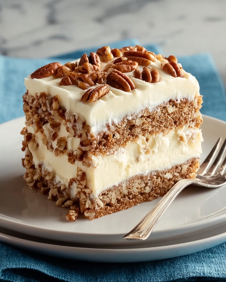 A square slice of layered cake is shown on a white plate, placed on a blue cloth. The cake has three visible layers of brown cake with a crumbly texture, separated by thick creamy white layers of frosting. The top layer is covered with a thick, smooth white frosting and decorated with small clusters of whole pecan nuts spread evenly across the surface. The texture of the frosting looks soft and slightly fluffy. A silver fork lies next to the plate. The background includes a white marbled surface. photo taken with an iphone --ar 4:5 --v 7