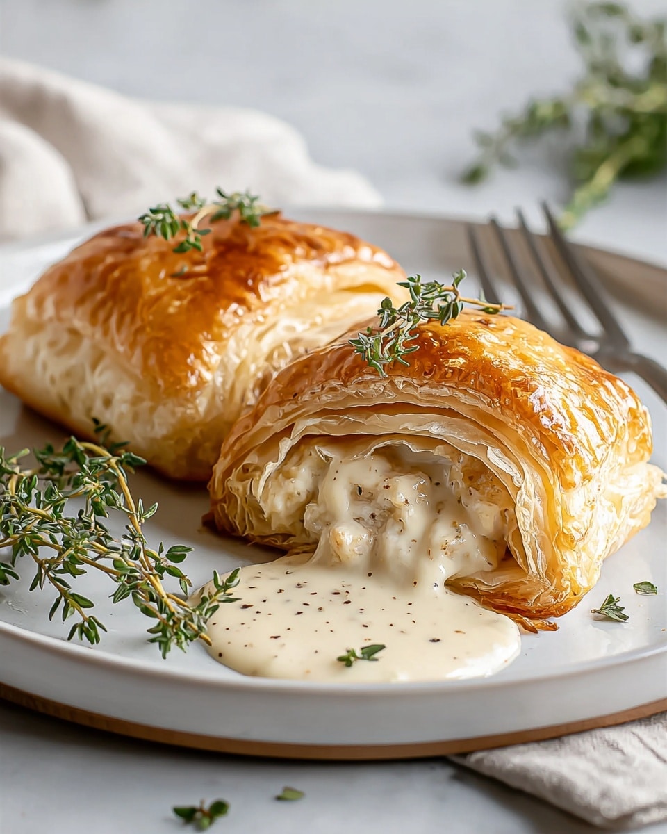 The image shows two pieces of golden brown puff pastry with a shiny and flaky top layer, placed on a white plate. The front piece is cut open, revealing a creamy white sauce with specks of black pepper filling inside and oozing out onto the plate. The puff pastry has multiple thin, airy layers visible on the side. Fresh green thyme sprigs are placed next to the pastries on the plate, adding a touch of color. The plate is set on a white marbled textured surface with a blurred soft background and a fork beside the pastries. Photo taken with an iphone --ar 4:5 --v 7