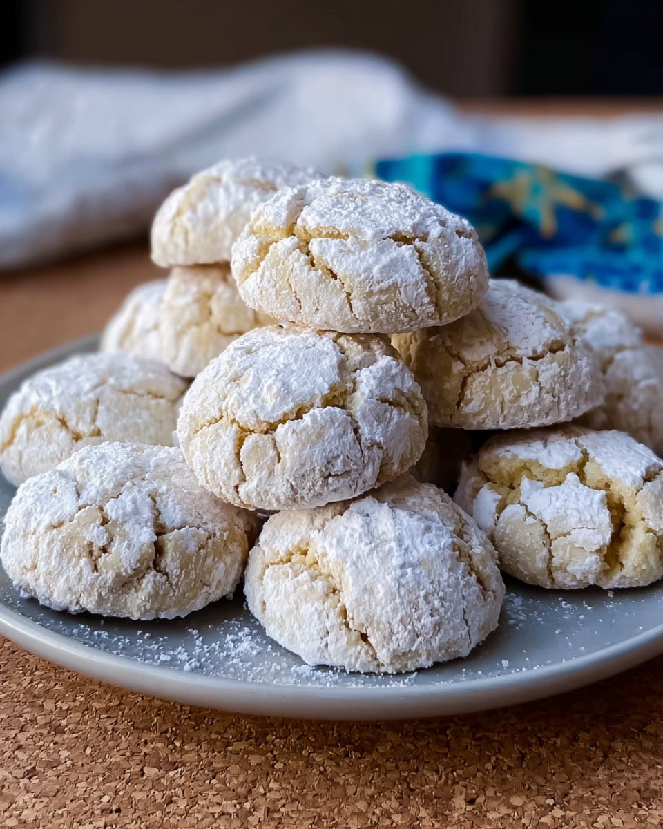 A light gray plate is filled with about ten round cookies dusted heavily with white powdered sugar. The cookies have a rough texture and cracks on the surface revealing a pale yellow interior. They are stacked in a loose pile with some cookies resting directly on the plate and others layered on top. The plate sits on a brown cork surface, with a blurry white and blue cloth in the background. The photo has a close, warm feel, emphasizing the soft, cracked texture of the cookies. photo taken with an iphone --ar 4:5 --v 7