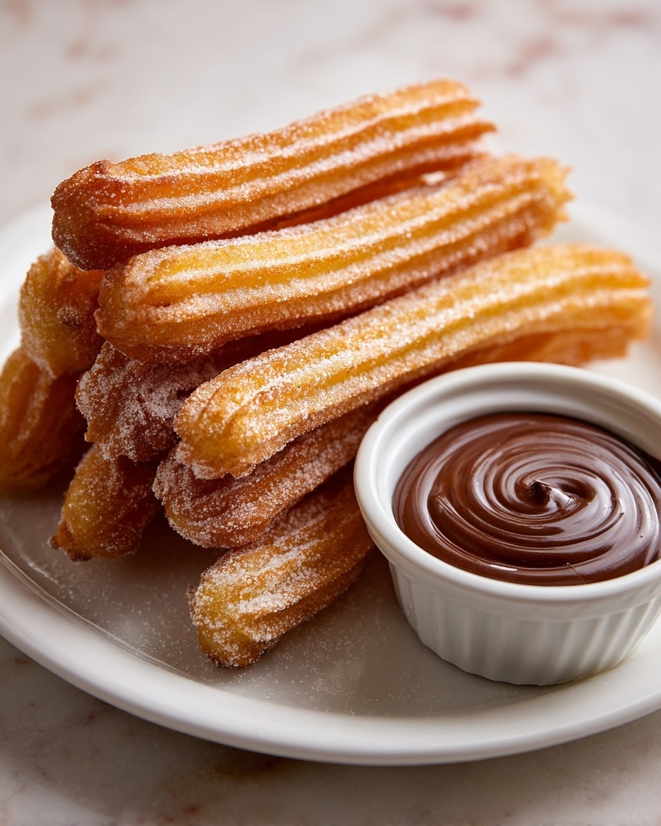 A white plate holds a stack of golden-brown churros with a ridged texture, lightly dusted with white sugar, arranged in a slightly uneven pile. Next to the churros, on the right side of the plate, there is a small white ramekin filled with shiny, smooth dark chocolate sauce that has a spiral swirl on its surface. The plate sits on a white marbled textured surface. photo taken with an iphone --ar 4:5 --v 7