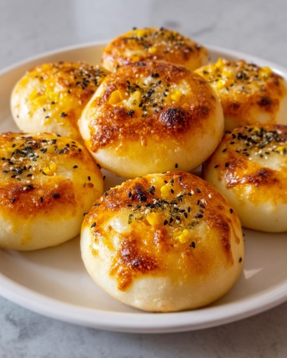 The image shows six small round bread pieces placed closely on a white plate. Each piece has a golden-brown crust with a shiny finish and is topped with melted cheese, small bits of corn, and black sesame seeds. The bread surface looks soft and slightly puffy, with some parts having a light toasted texture. The plate sits on a white marbled background, creating a clean and bright setting. Photo taken with an iphone --ar 4:5 --v 7