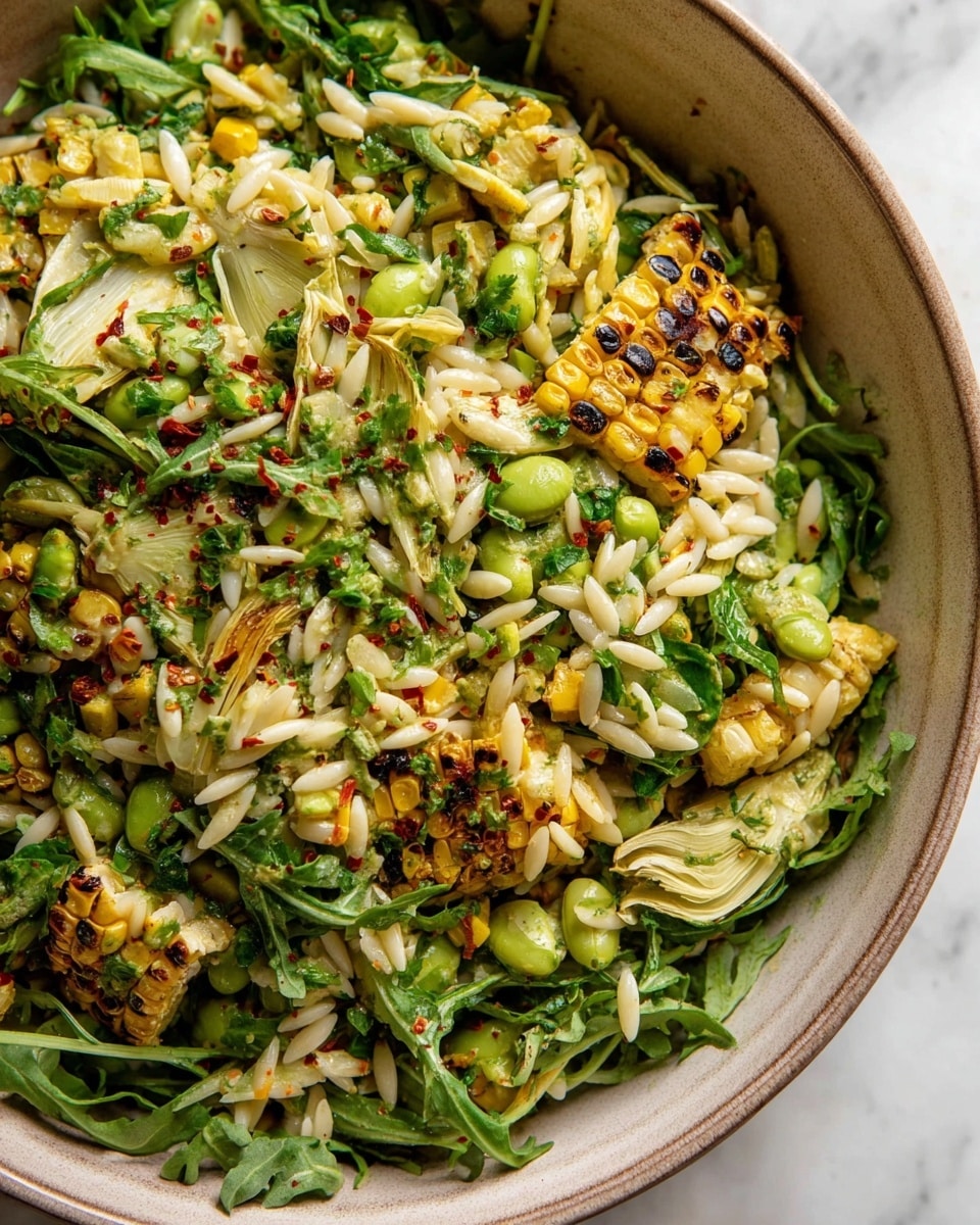 A white deep plate holds a colorful salad made of several layers: the bottom layer has small, pale yellow orzo pasta mixed with bright green edamame beans, the middle layer features grilled corn pieces with charred, golden brown marks, and the top layer is scattered with fresh, dark green arugula leaves and thin, white shaved cheese slices. The salad appears lightly dressed with a green herb dressing that adds a glossy texture and small herbs are sprinkled throughout, sitting on a white marbled surface. photo taken with an iphone --ar 4:5 --v 7