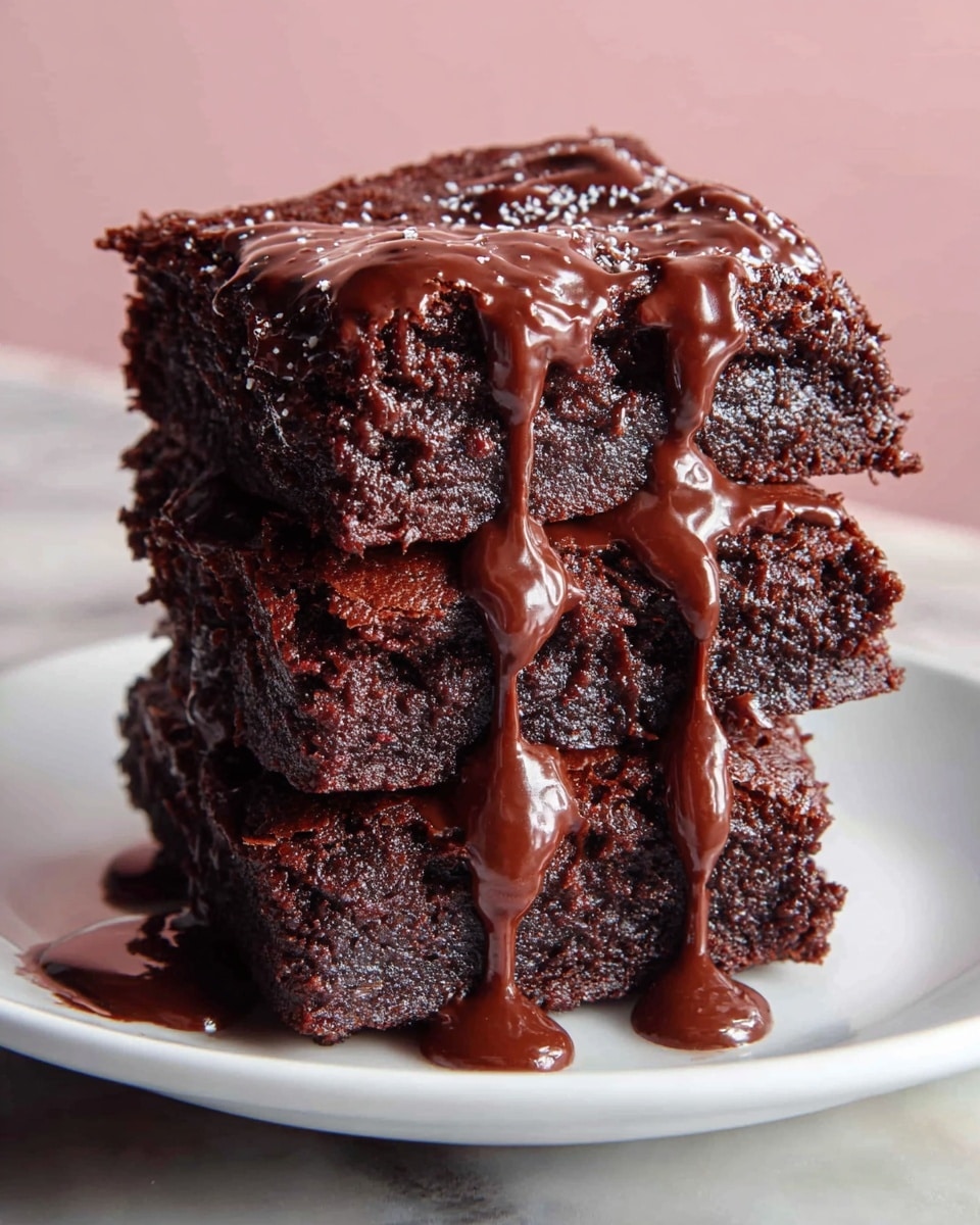 A stack of three thick, dark brown brownies sits on a white plate with a glossy, smooth layer of melted chocolate sauce dripping over the top and running down the sides, pooling slightly on the plate. Each brownie layer shows a moist, dense texture with a slightly cracked crust on top, and the chocolate sauce adds a shiny, rich texture contrasting the matte brownie surface. The whole setup sits on a white marbled texture surface with a soft pink background behind it. Photo taken with an iphone --ar 4:5 --v 7