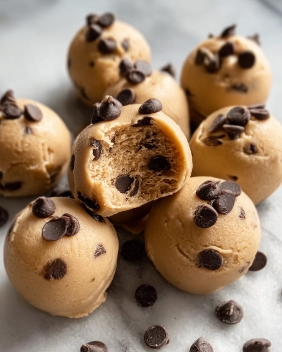 The image shows a close-up of seven small, round cookie dough balls with a light brown color and soft texture. Each ball is topped with several small, dark chocolate chips that stand out against the dough. One cookie dough ball in the front has a bite taken out, revealing a dense, chewy inside filled with more chocolate chips. The cookie dough balls are placed closely together on a white marbled surface, with some scattered chocolate chips around them. The lighting is soft, highlighting the smooth texture of the dough and the shiny chocolate chips. Photo taken with an iphone --ar 4:5 --v 7