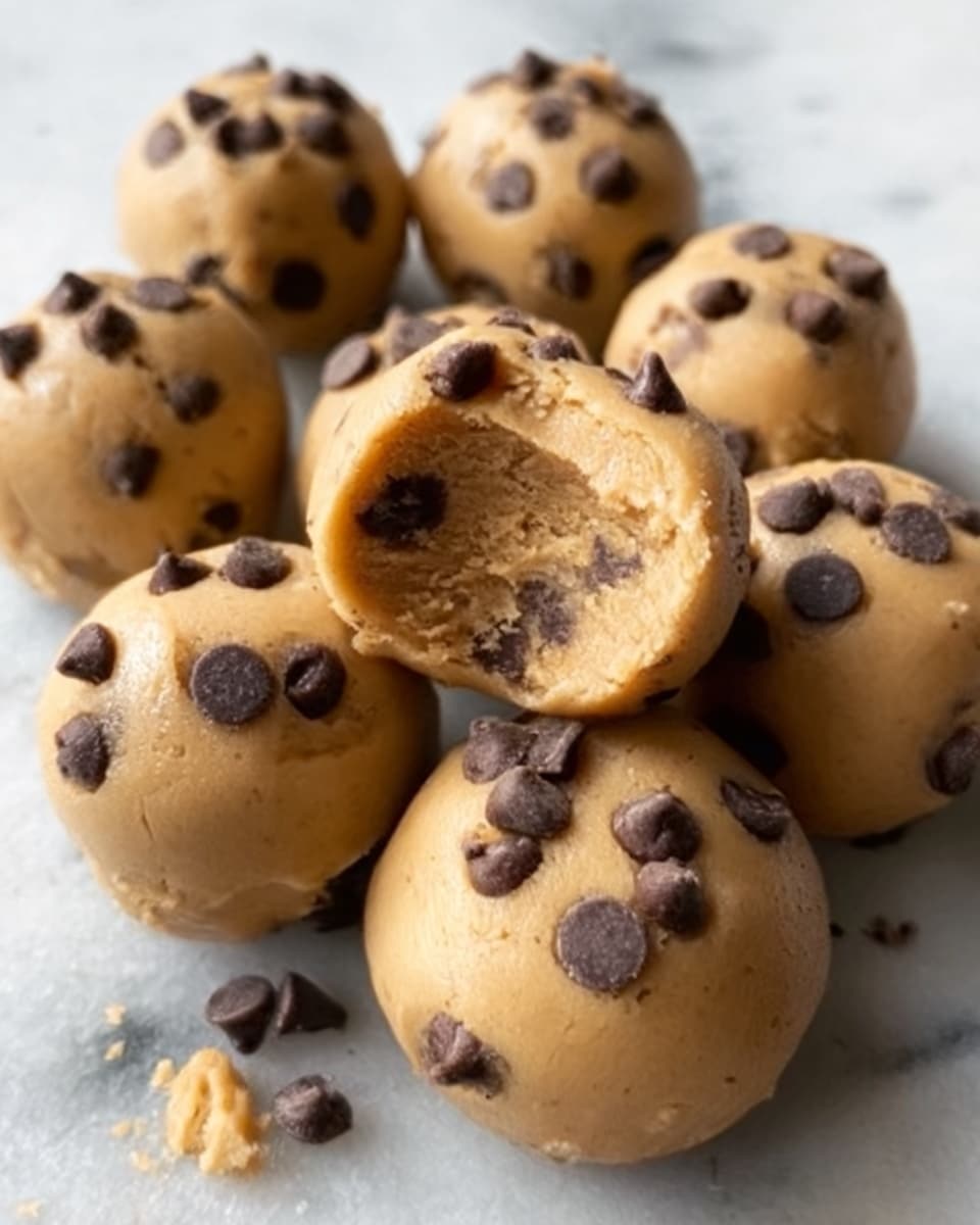 A close-up image of seven round cookie dough balls placed closely on a white marbled surface. Each ball is light brown with a smooth, creamy texture, studded with small dark brown chocolate chips evenly distributed across the top. The dough looks soft and slightly glossy, with one ball bitten into, revealing a dense and moist inside matching the outer color. Small crumbs and a few chocolate chips are scattered around the base of the dough balls. photo taken with an iphone --ar 4:5 --v 7