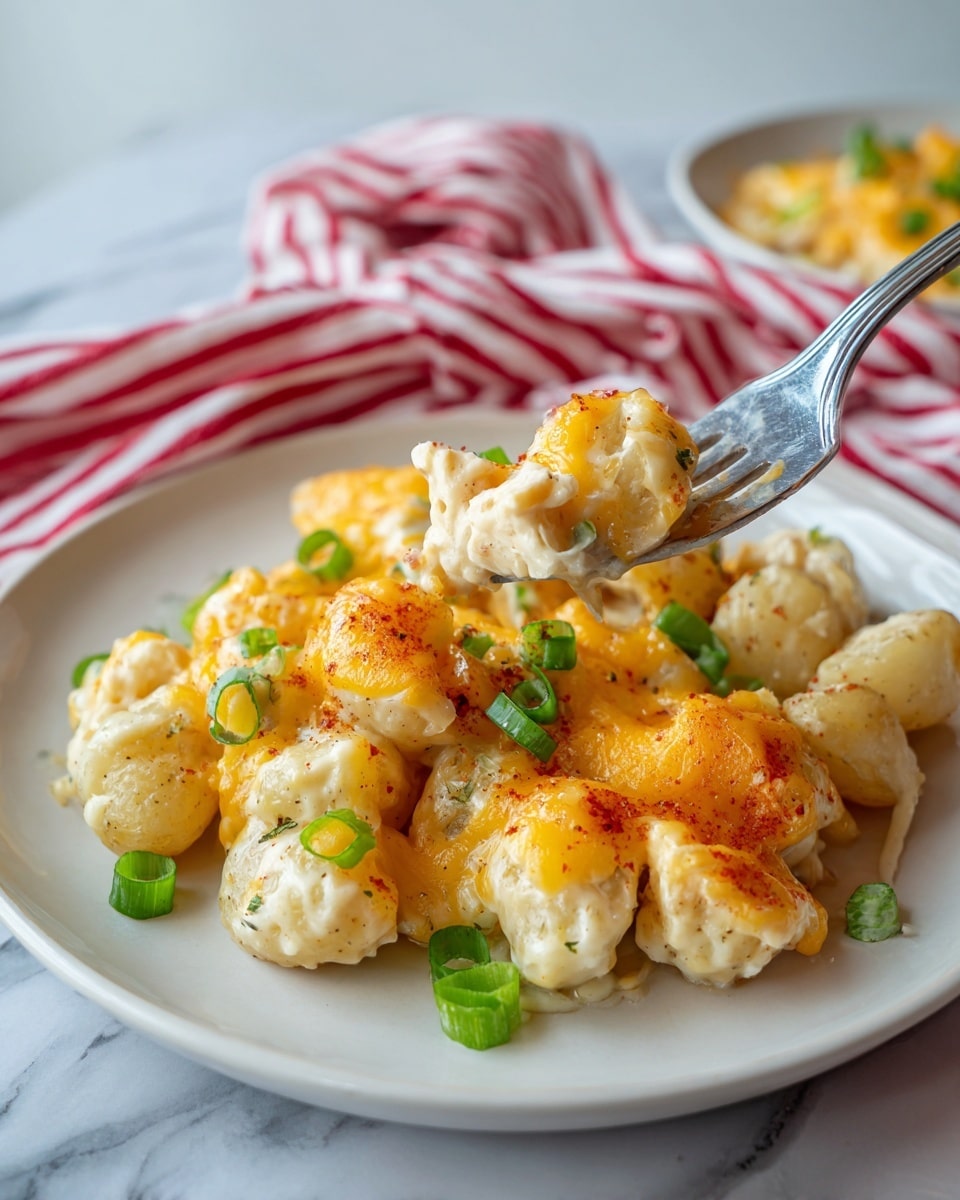 The dish is a baked casserole served in a white rectangular ceramic dish with a ridged handle, placed on a white marbled surface. The bottom layer consists of cut, cooked potatoes with visible specks of herbs on their pale yellow skin. On top, a creamy white sauce with herbs is generously spread, partially melted and covering the potatoes. Over the creamy sauce, a layer of melted orange-yellow cheddar cheese is scattered unevenly. Crispy browned bits, likely bacon or seasoning, are sprinkled across the surface, adding a rich brown color and crunchy texture. Finally, bright green chopped scallions are spread evenly on the top, adding a fresh contrast to the rich, cheesy layers beneath. Photo taken with an iphone --ar 4:5 --v 7