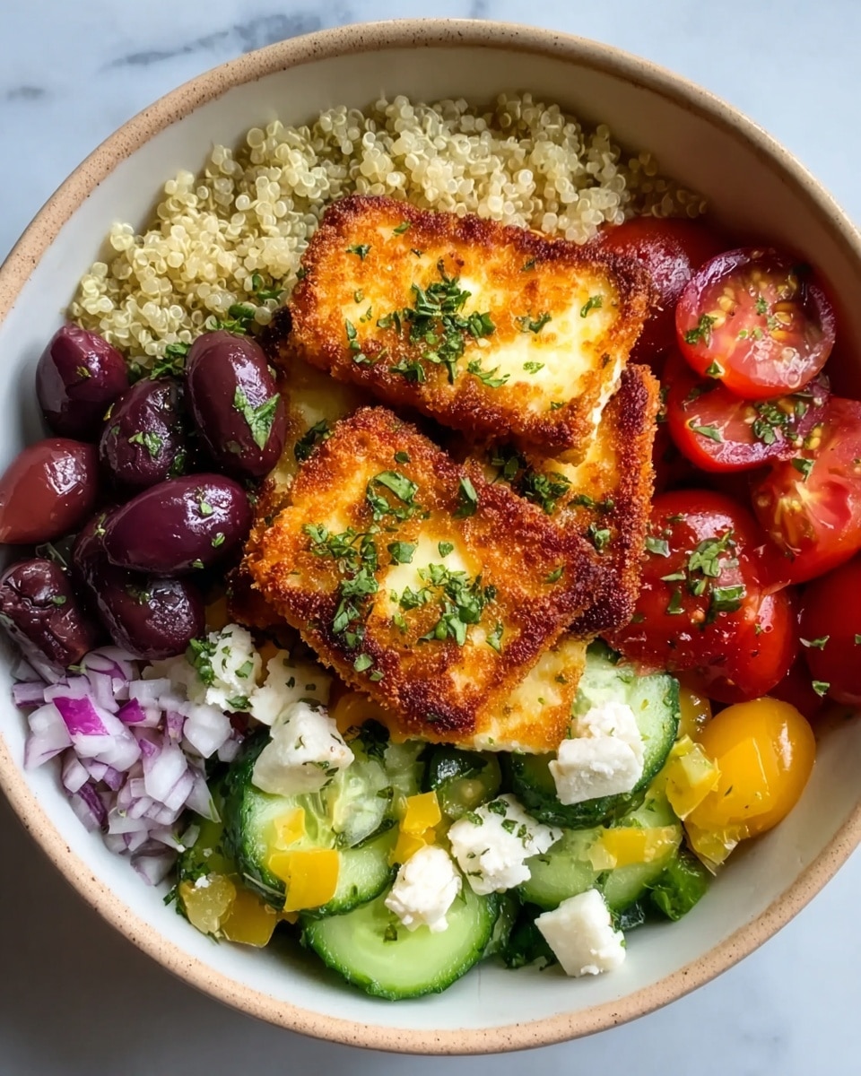 A white bowl filled with a layered dish starting with a base of light beige quinoa grains. On top, there are golden-brown, crispy fried cheese rectangles placed centrally, sprinkled with green herbs. Surrounding the cheese, there are dark purple olives on one side, slices of light green cucumber with darker green edges on another side, and bright red halved cherry tomatoes with a glossy texture on the opposite side. Scattered near the top are small chunks of white cheese and bits of purple onion mixed with some bright yellow pieces, all lightly garnished with green herbs. The photo is taken from above on a white marbled surface. photo taken with an iphone --ar 4:5 --v 7