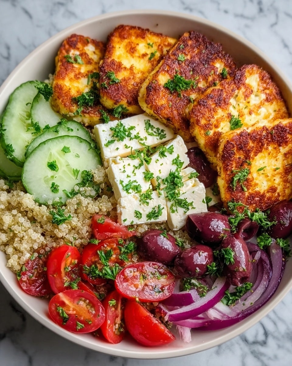 A white bowl filled with six golden-brown fried halloumi slices arranged in a line along the top edge, showing a crispy texture. Below them, there are three white cubes of soft, crumbly feta cheese sprinkled with small green parsley leaves. To the left side, there is a portion of light beige quinoa mixed with small green herbs. Next to the quinoa, thinly sliced cucumber rounds with a pale green color are stacked. Bright red cherry tomato halves with some green herbs are placed below the cucumbers. On the right side, slices of thin purple-red onion and shiny dark purple Kalamata olives are clustered, all garnished lightly with chopped green parsley. The bowl rests on a white marbled surface. photo taken with an iphone --ar 4:5 --v 7