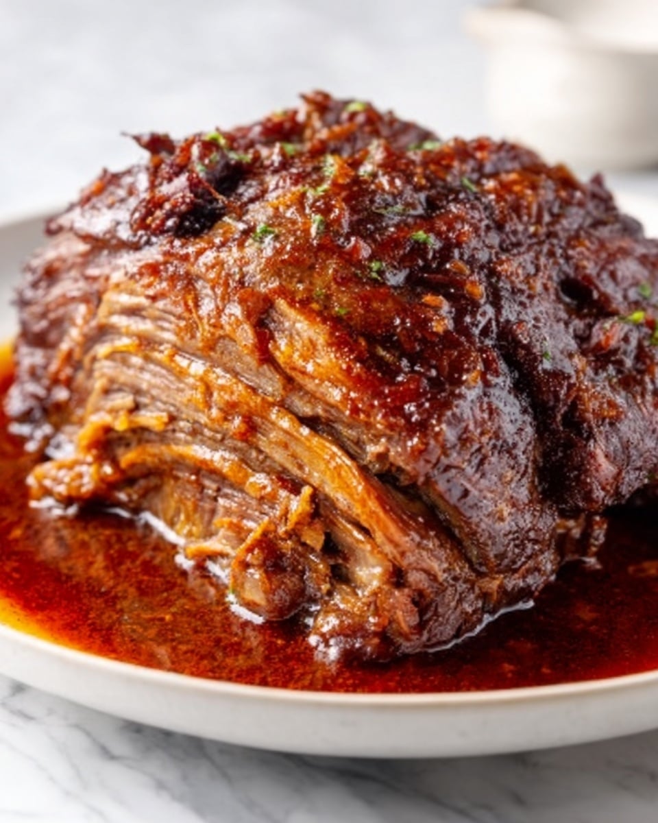 A close-up of a cooked meat roast placed on a white plate on a white marbled surface. The roast is richly brown with a shiny, glazed texture and visible layers of tender, juicy meat pulled apart gently, showing some inner darker meat with a slightly fibrous texture. The sauce around the roast is thick and dark reddish-brown, covering the base of the plate and adding a glossy look. photo taken with an iphone --ar 4:5 --v 7
