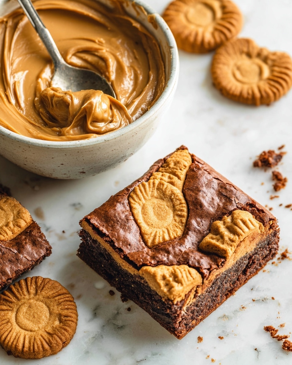 The image shows a close-up of a square brownie piece with golden-brown cookie pieces embedded on its top layer. The brownie itself has a rich, dark brown color with a slightly cracked, shiny surface, while the cookie pieces have a textured, sun-shaped pattern in a lighter golden brown color, sitting unevenly across the top layer. Next to the brownie square is a white ceramic bowl filled with smooth, creamy peanut butter in a light brown shade, with a metal spoon resting inside it, coated with the peanut butter. The background is a white marbled surface with some crumbs scattered around, and more cookie pieces are visible in the top right corner near the bowl. Photo taken with an iphone --ar 4:5 --v 7