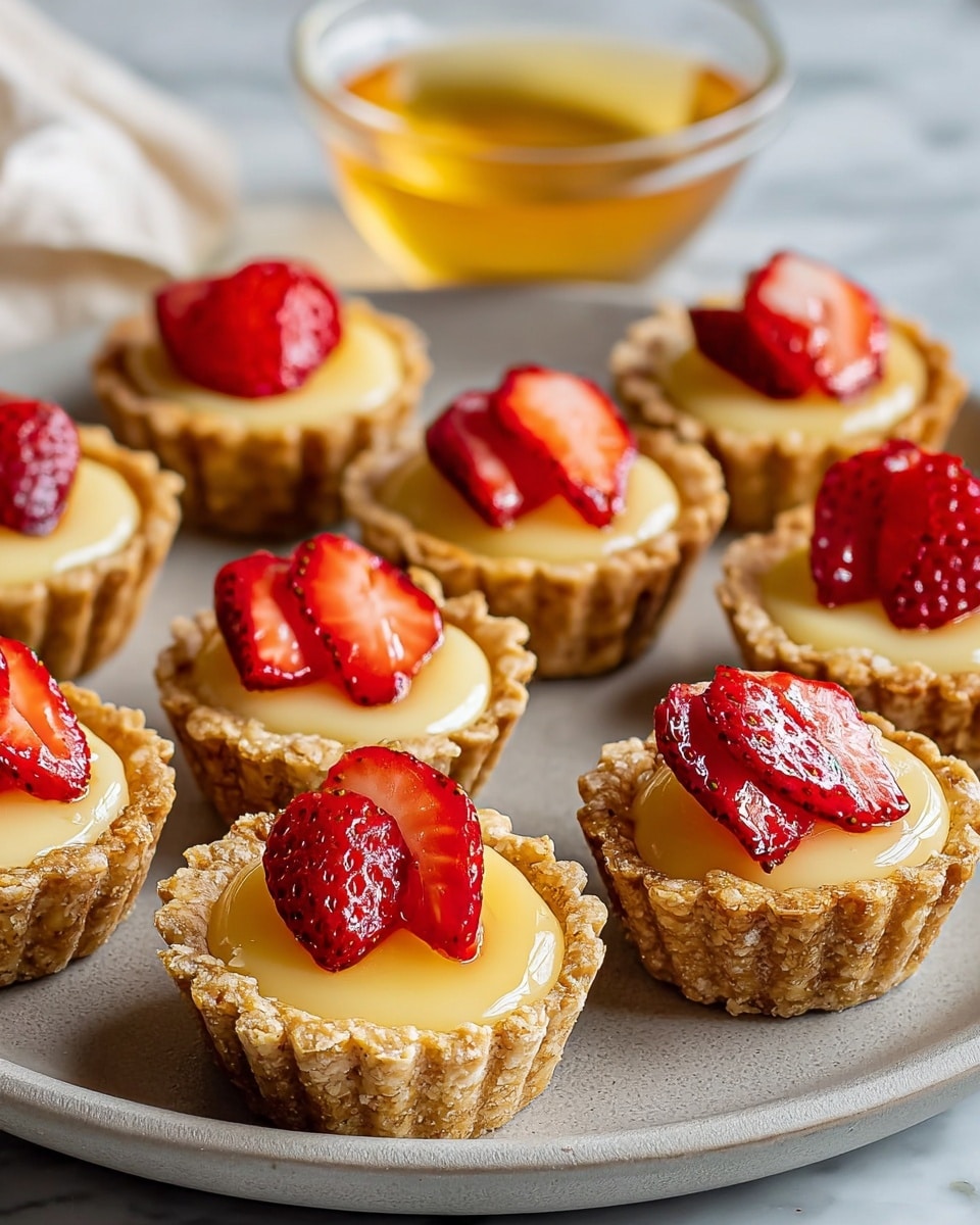 The image shows several small tartlets arranged closely on a round grey plate. Each tartlet has three layers: a crispy, light brown flaky crust on the outside, followed by a smooth, glossy pale yellow custard filling, and topped with two bright red strawberry slices that look fresh and juicy. The tartlets are all similar in size and neatly filled, with some sheen likely from a transparent glaze over the strawberries. In the background, there is a small glass bowl filled with a light amber-colored liquid on a white marbled surface. photo taken with an iphone --ar 4:5 --v 7