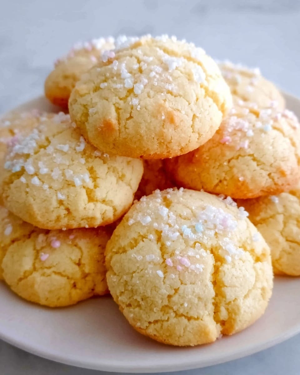 A close-up image of six soft, round cookies with a light golden color and a slightly cracked surface, each topped with a sprinkle of coarse white sugar crystals that add sparkle. The cookies are piled on a white plate, showing a fluffy and crumbly texture. The background is a white marbled texture, creating a clean and bright look. photo taken with an iphone --ar 4:5 --v 7