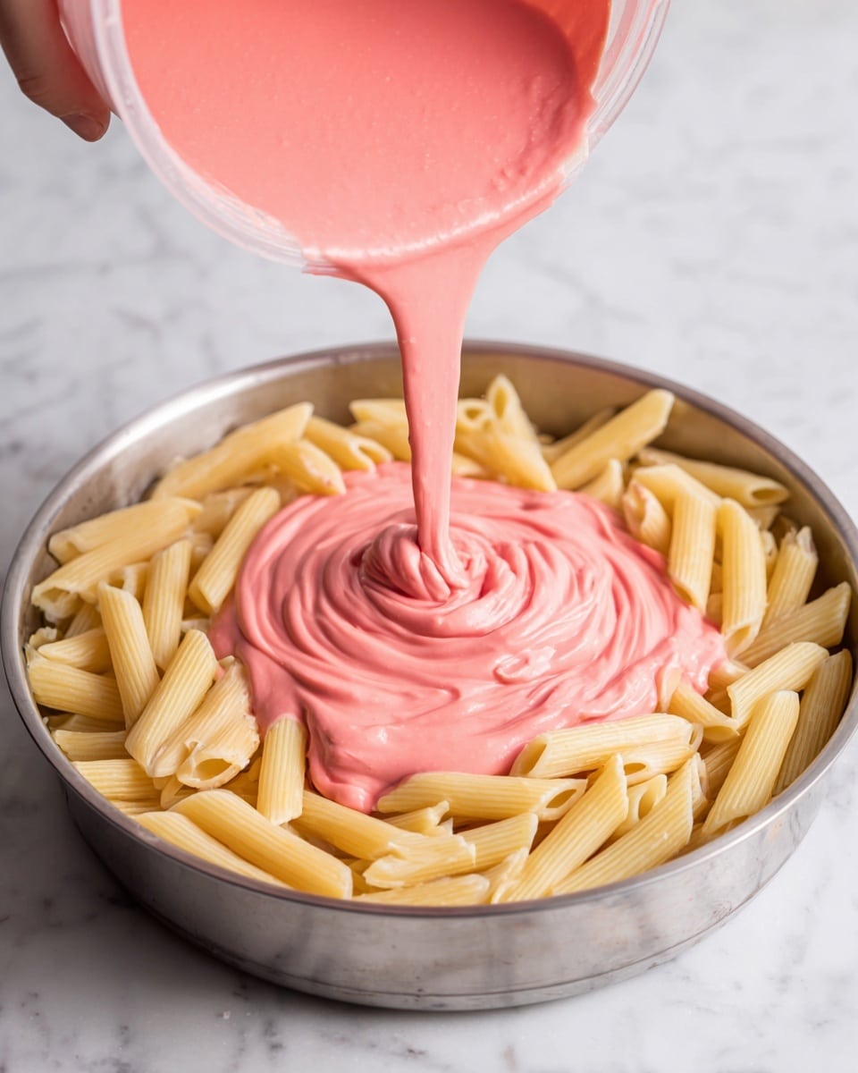 A large round silver pan filled with pale yellow cooked penne pasta pieces as the base layer, with each pasta piece smooth and slightly shiny, arranged randomly but mostly lying flat. Over the pasta, a creamy, thick, bright pink sauce is being poured from a container held just above the pasta, the sauce having a smooth and velvety texture as it flows in a stream, forming soft swirling patterns as it lands on the pasta. The background is a white marbled texture, and a small part of a woman's hand is visible holding the container. photo taken with an iphone --ar 4:5 --v 7