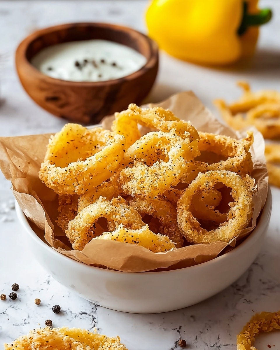 A white bowl lined with brown parchment paper is filled with golden, crispy fried onion rings that are coated with black pepper and light crumbs, giving them a crunchy texture. The rings vary in size and are piled high, showing their rough and crispy surface. Behind the bowl, there is a small wooden bowl filled with white dipping sauce sprinkled with black pepper. In the background, there is a whole yellow bell pepper. The scene is set on a white marbled surface with scattered black pepper bits around. photo taken with an iphone --ar 4:5 --v 7