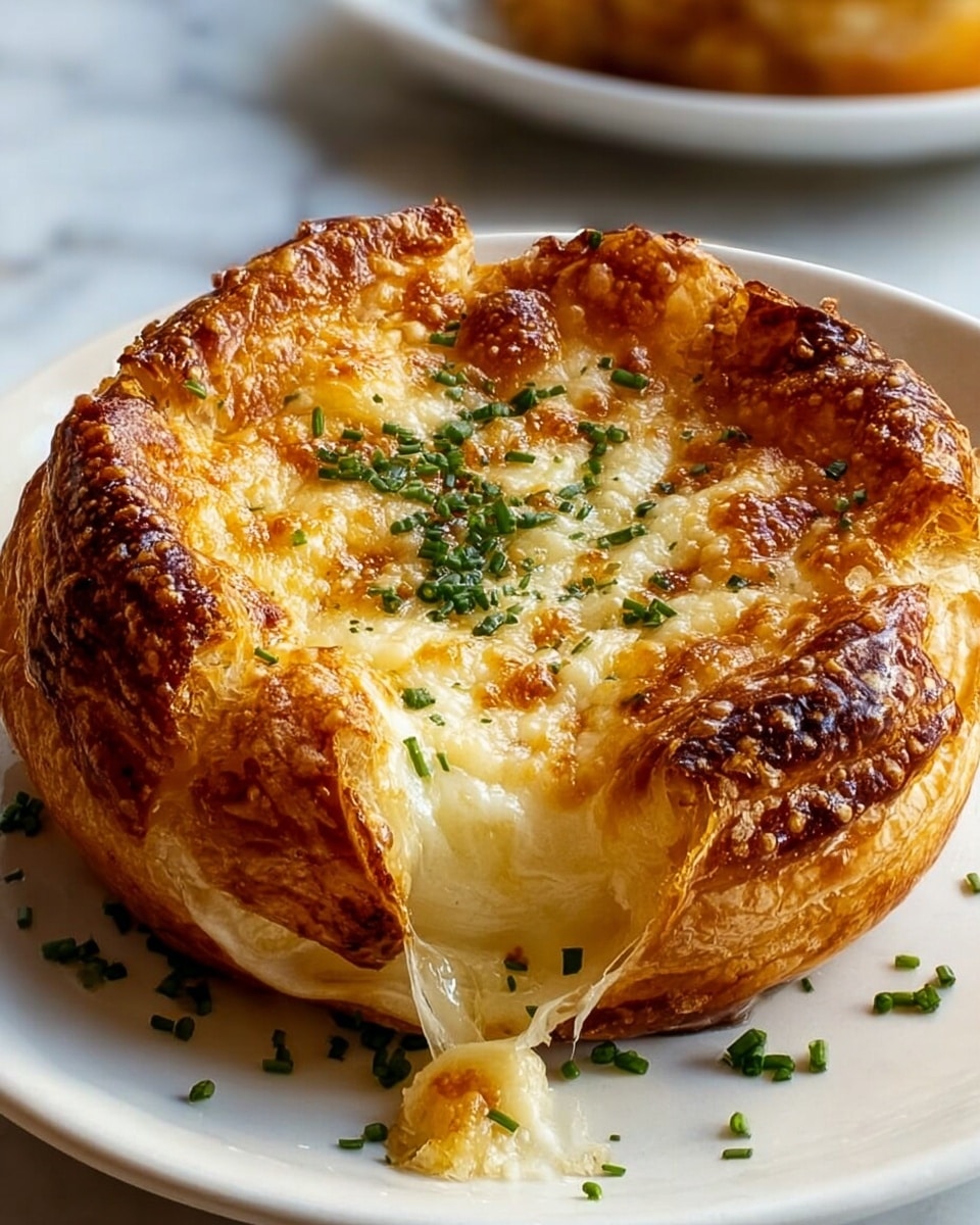 A golden brown, round pastry with a puffed and flaky crust, slightly uneven and rising high on the sides. The top is covered in melted cheese that is bubbly and browned in spots, sprinkled with small green herb pieces. A small string of melted cheese stretches out from a section that looks soft and creamy inside. The pastry sits on a white plate, placed on a white marbled surface, with more chopped herbs scattered lightly around the plate. Photo taken with an iphone --ar 4:5 --v 7