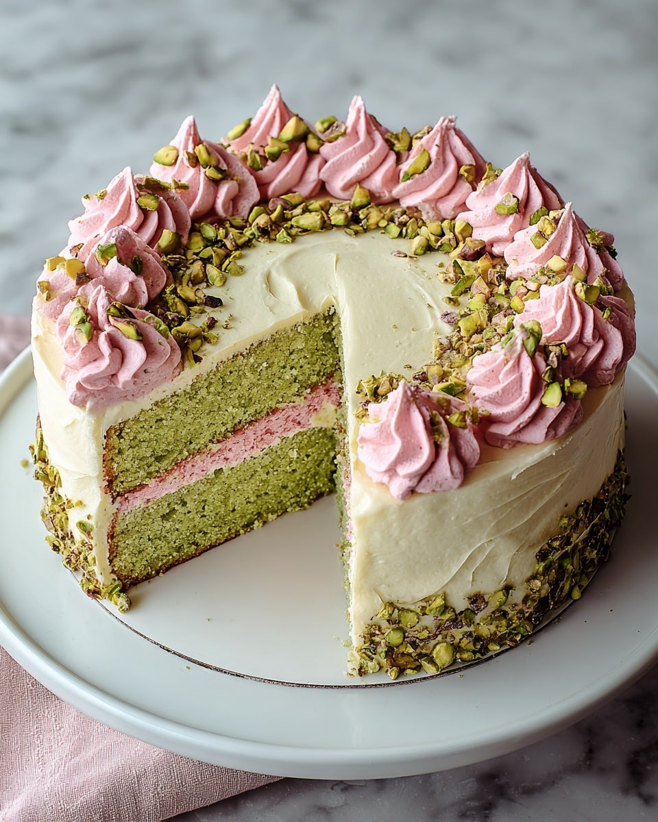 A two-layer cake with light green sponge stands on a white plate over a white marbled surface. The outside and the top edge of the cake are covered smoothly with pale cream frosting. The top surface’s center has a layer of smooth pink frosting. Around the top edge, there are evenly spaced dollops of pink frosting. Crushed pistachio nuts and whole pistachios decorate the top, especially around the pink frosting and dollops. One slice is cut out, showing the cake’s moist texture and the thin pink frosting layer between the green sponge layers. Photo taken with an iphone --ar 4:5 --v 7