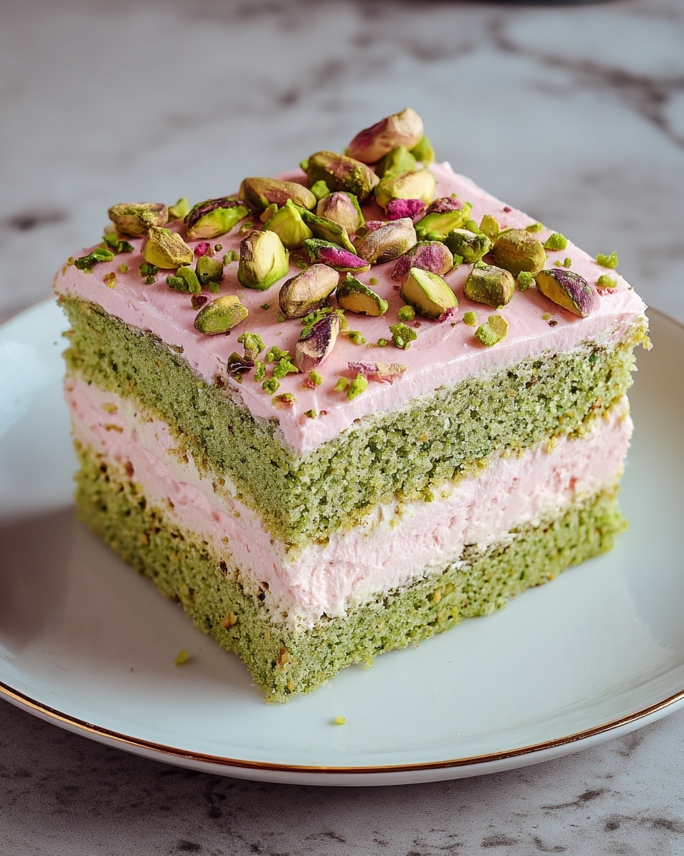 A square slice of cake is shown with two thick, soft green sponge layers separated by a smooth light pink cream layer in the middle and topped with another thick layer of the same pink cream. The top layer is decorated with whole green and pink pistachios along with small chopped green pistachio pieces scattered evenly. The cake sits on a round white plate with a slight golden trim, placed on a white marbled surface. The texture of the green sponge appears moist and crumbly, while the pink cream looks silky and fluffy. photo taken with an iphone --ar 4:5 --v 7