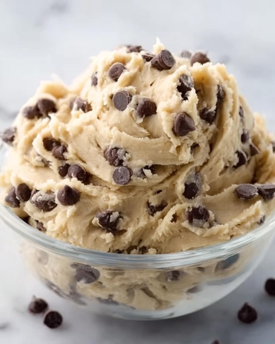 A clear glass bowl filled with thick, creamy light beige cookie dough, generously studded with dark brown chocolate chips throughout. The dough is piled high above the rim of the bowl with a rough, textured surface showing swirls and peaks of soft dough and scattered chocolate chips. The bowl sits on a white marbled surface. photo taken with an iphone --ar 4:5 --v 7