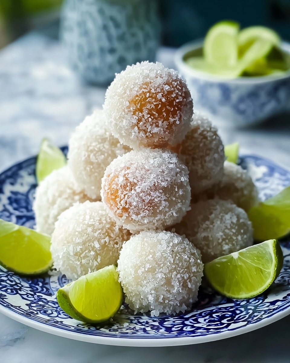 A close-up of a stack of round dessert balls coated in large white sugar crystals, arranged in a loose pyramid shape on a white plate with intricate blue patterns. The balls show a rough texture from the sugar coating, with one having a hint of a light brown-orange color beneath the sugar. Bright green lime wedges are placed around the base of the dessert balls, adding a fresh contrasting color. In the background, a small bowl holds a sliced lime, set against a white marbled surface, creating a fresh and inviting scene. photo taken with an iphone --ar 4:5 --v 7