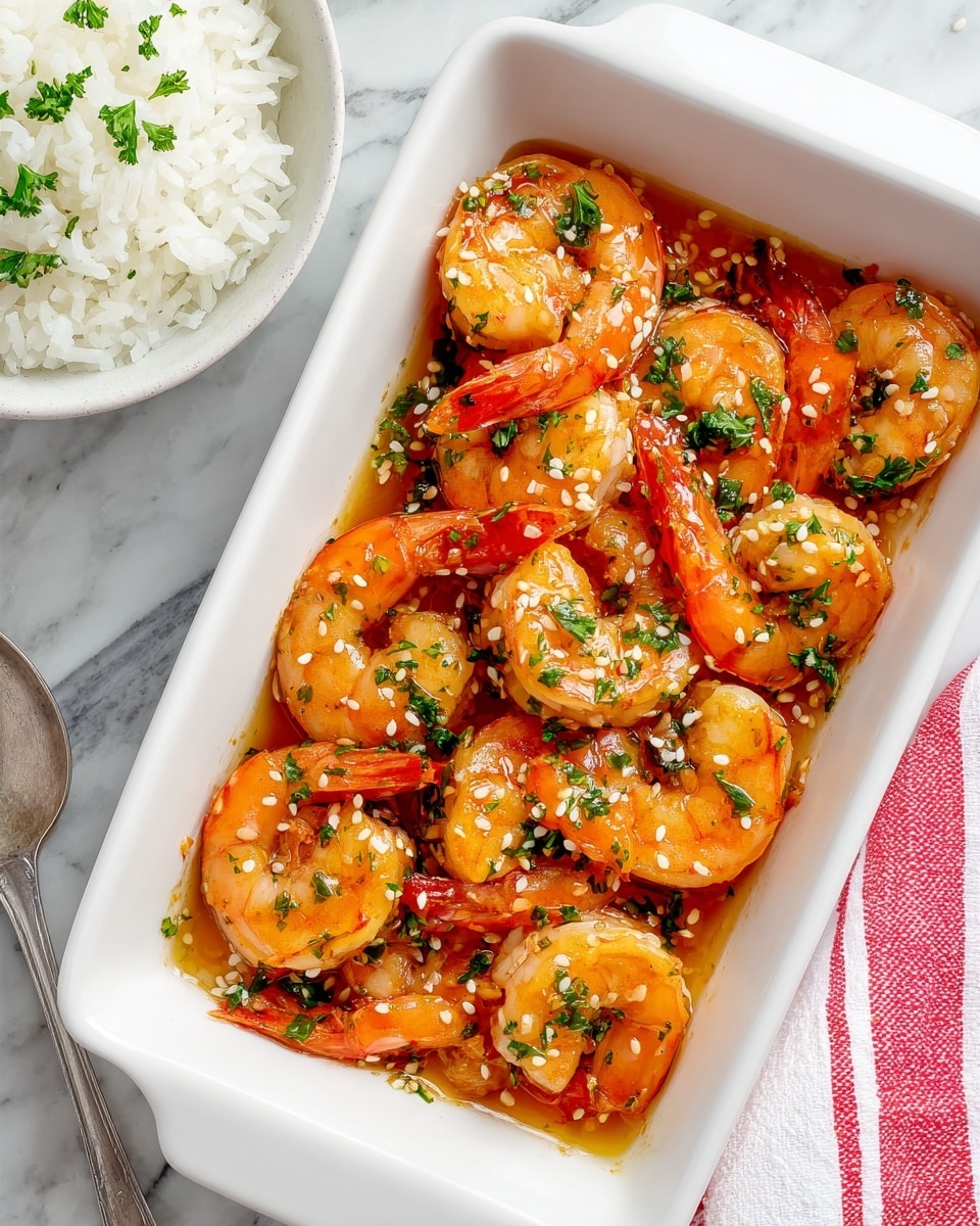 A white rectangular bowl filled with a single layer of cooked shrimp that are orange-pink with a slight gloss from the sauce. The shrimp are garnished with small green parsley bits scattered evenly and white sesame seeds sprinkled on top. The bowl sits on a white marbled surface. To the left, there is a portion of a white bowl filled with white rice topped with small green parsley leaves. A red and white striped cloth is partly visible in the top right corner. photo taken with an iphone --ar 4:5 --v 7