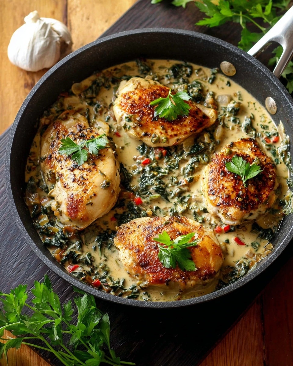 A black frying pan holds three browned chicken breasts, each chestnut golden with crisp edges on top, resting in a creamy sauce layered with finely chopped dark green leafy vegetables and small red and orange pepper pieces. Fresh light green parsley leaves sit on top of each chicken breast, with a few scattered in the sauce. The pan is placed on a black board over a wooden table, with sprigs of parsley and a garlic bulb nearby. The colors show warm tones of brown, green, red, and cream. Photo taken with an iphone --ar 4:5 --v 7