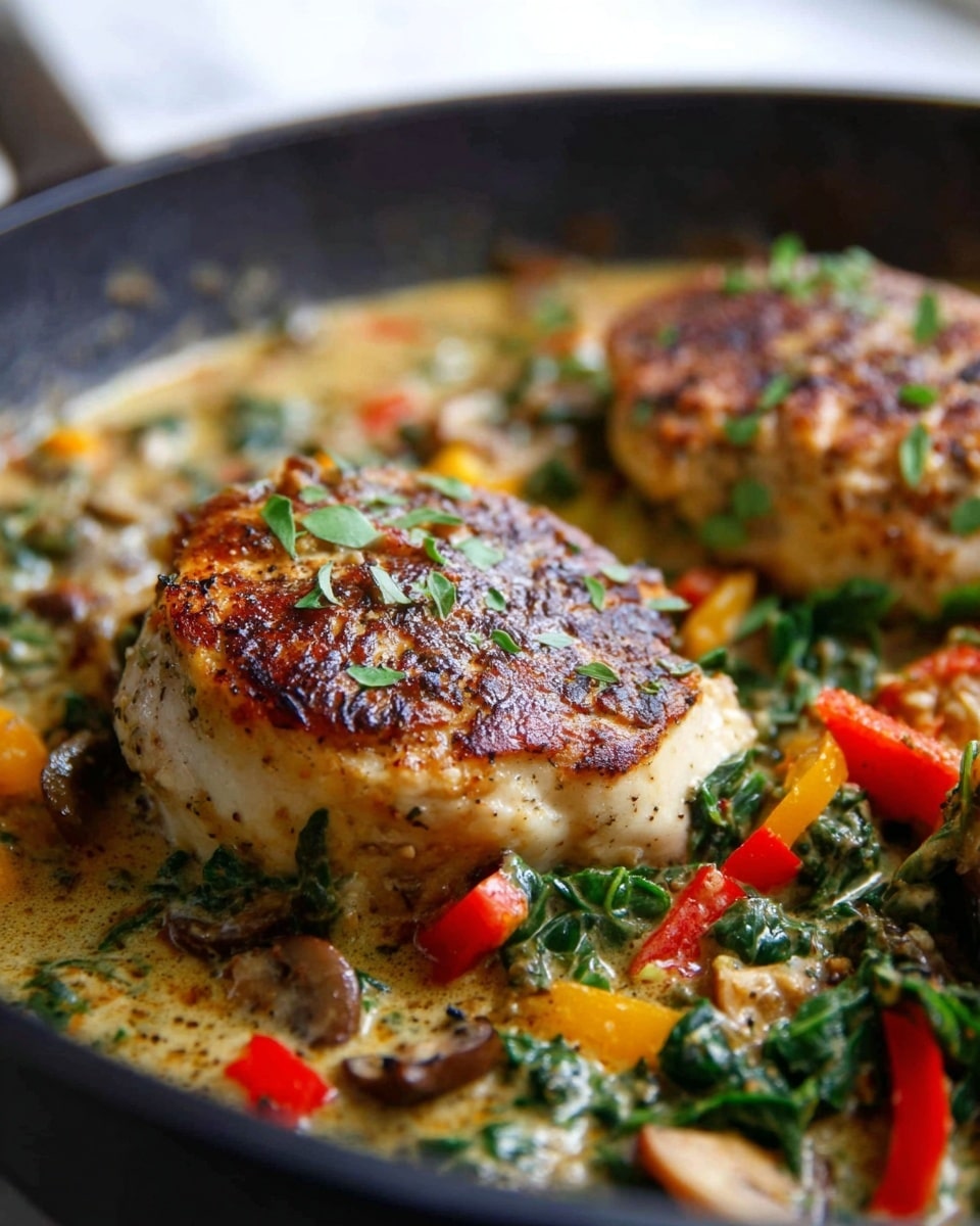 This image shows a close-up of a black pan with two thick pieces of golden-brown cooked chicken on top. The chicken has a slightly crispy surface with some herbs on it. Surrounding the chicken is a creamy sauce with chopped greens, red and yellow bell peppers, and small pieces of mushrooms, making a colorful and textured base. The sauce looks rich and slightly oily, giving the dish a hearty appearance. The background is softly blurred but has a white marbled texture. photo taken with an iphone --ar 4:5 --v 7
