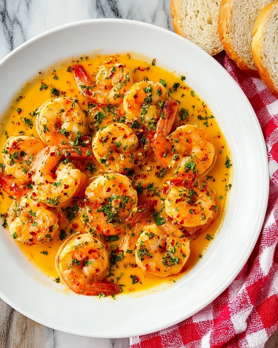 A white plate filled with a single layer of cooked shrimp coated in a bright orange-yellow sauce, sprinkled with finely chopped green herbs and small red spices. The shrimp are plump and glossy, evenly spread across the plate, with the sauce pooling around them. The plate sits on a white marbled surface next to a red and white checkered cloth and three pieces of sliced white bread. Photo taken with an iphone --ar 4:5 --v 7