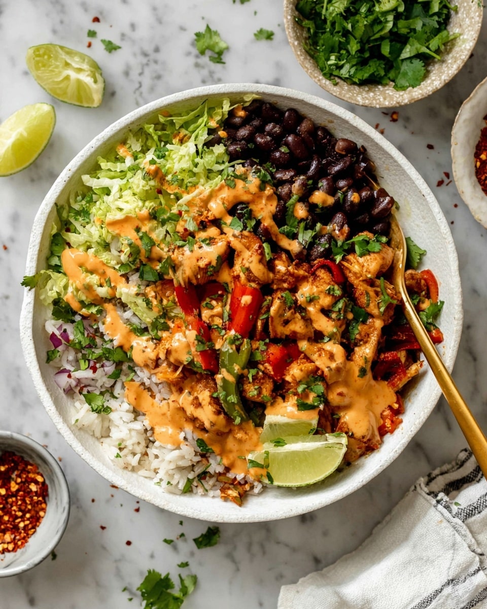 A white bowl filled with a colorful layered dish starting with a base of white rice mixed with bits of diced tomatoes, topped with cooked chicken pieces that are browned and mixed with sautéed green and red bell peppers. On one side, there is a heap of black beans next to a pile of bright green shredded lettuce. The chicken and vegetables are drizzled with a creamy orange sauce and sprinkled with chopped fresh green cilantro and red chili flakes. Two lime wedges are placed on the rice near the edge of the bowl. A gold spoon rests inside the bowl on the right. The bowl sits on a white marbled surface with small bowls containing fresh cilantro and red pepper flakes in the background. photo taken with an iphone --ar 4:5 --v 7