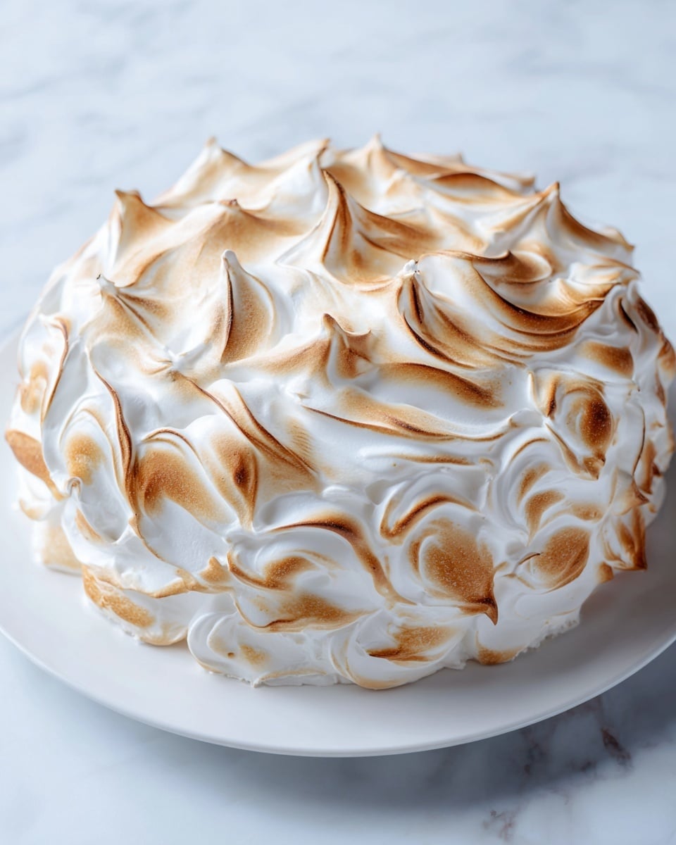 The image shows a close-up of a rounded dessert covered in fluffy white meringue with soft golden-brown toasted peaks and swirls all over its surface, creating a wavy texture. The dessert sits on a white plate, placed on a white marbled surface. The contrast between the creamy white and toasted parts highlights the meringue’s light and airy texture. photo taken with an iphone --ar 4:5 --v 7