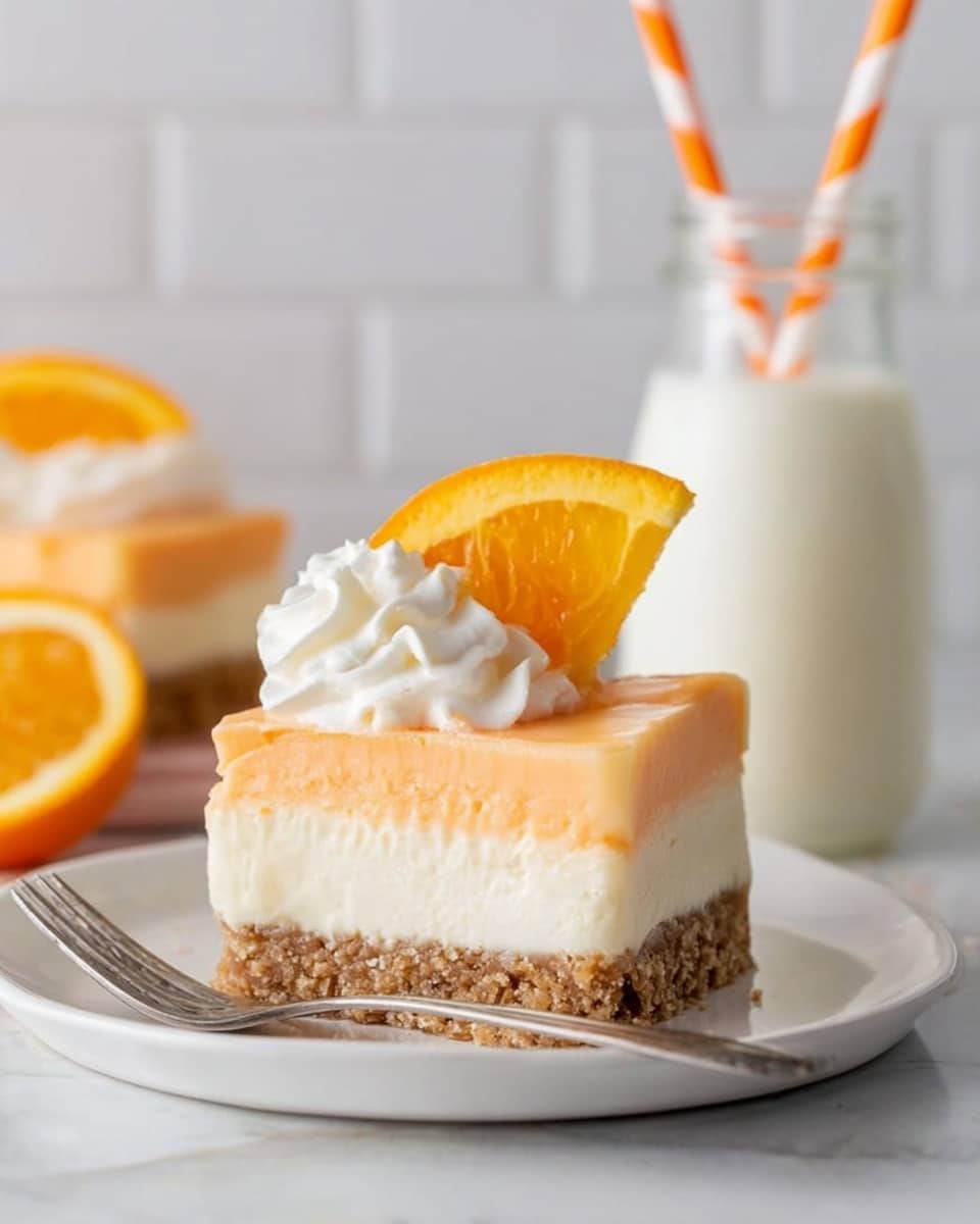 The image shows a slice of a three-layered dessert on a white plate with a silver fork beside it. The bottom layer is a textured brown crust, likely made of crushed cookies or nuts. Above the crust is a smooth, white creamy middle layer. The top layer is thick and light orange with a creamy texture. On top of the dessert, there is a swirl of white whipped cream with a bright orange slice placed behind it. In the background, a glass bottle of milk with two orange and white striped straws is partially visible, placed on a white marbled surface with a tiled white wall behind. Photo taken with an iphone --ar 4:5 --v 7