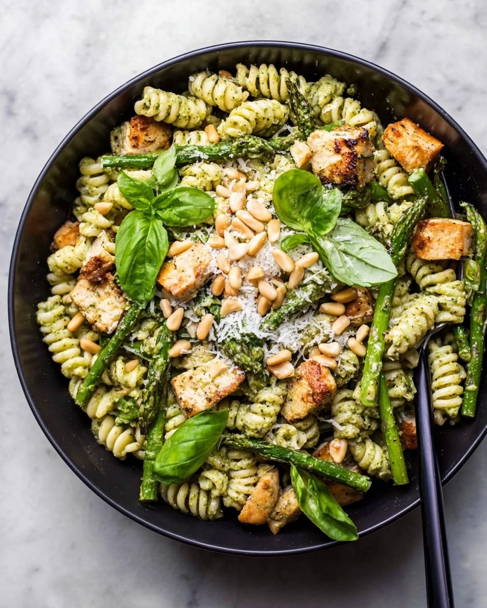 A black bowl filled with rotini pasta coated in light green pesto sauce as the base layer, mixed with bright green grilled asparagus spears scattered evenly throughout, followed by small golden-brown grilled chicken cubes placed all around. On top, light tan pine nuts are sprinkled generously, with a final layer of finely grated white cheese and fresh dark green basil leaves as garnish. A black fork is inserted on the right side of the bowl, all set on a white marbled surface. Photo taken with an iphone --ar 4:5 --v 7