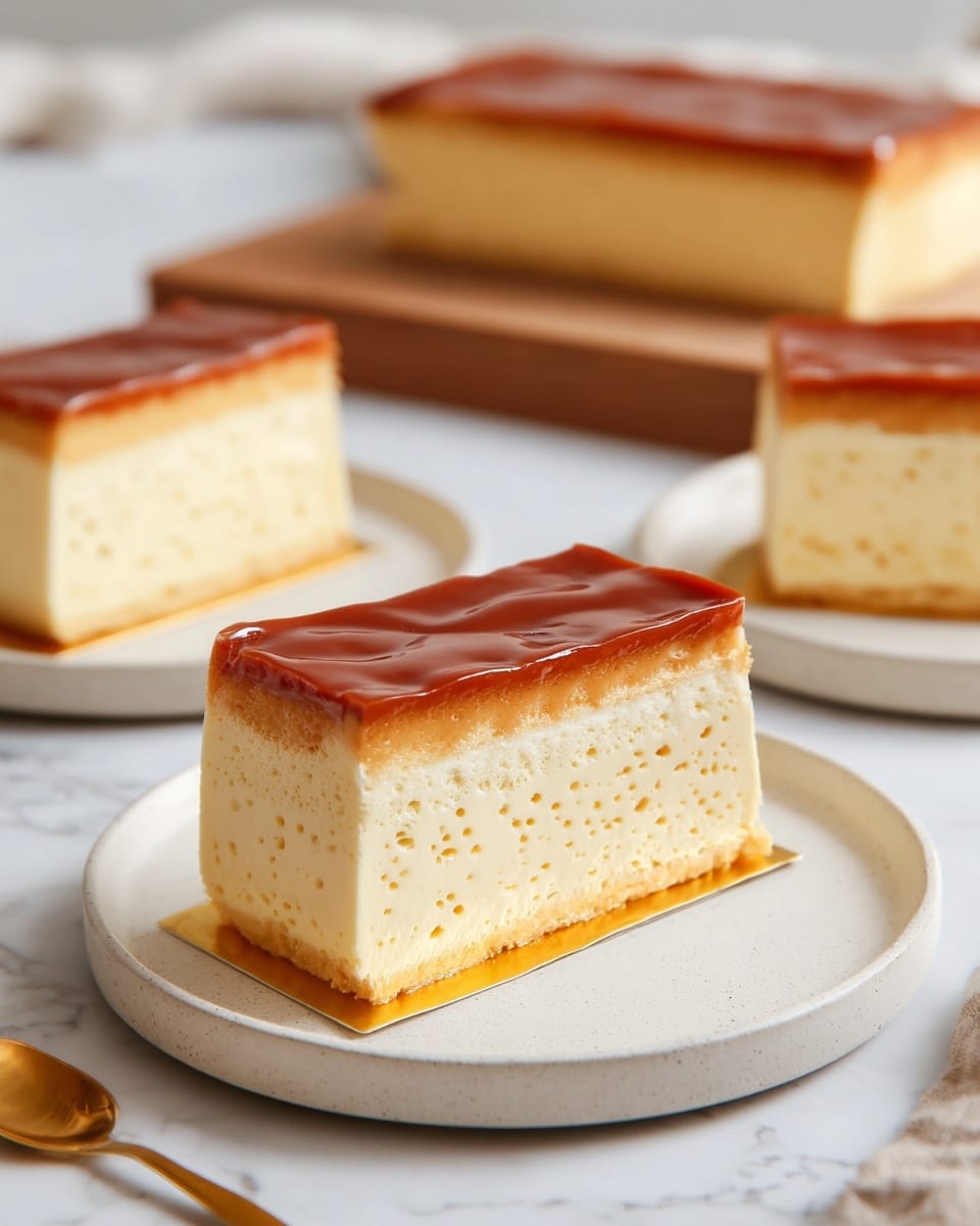 The image shows three slices of a layered cake on simple white ceramic plates placed on a white marbled surface. The cake consists of two main layers: the bottom layer is a thin, light brown sponge base, and the thick middle layer is a creamy, smooth, pale beige custard with a soft texture. The top layer is a shiny, dark brown caramel glaze that looks slightly wavy and glossy. The front slice is the closest, showing clear details of the creamy middle and the caramel top, while two more slices appear slightly blurred in the background, one on a plate and the other on a wooden board. A small gold spoon lies nearby, adding a simple touch to the arrangement. photo taken with an iphone --ar 4:5 --v 7