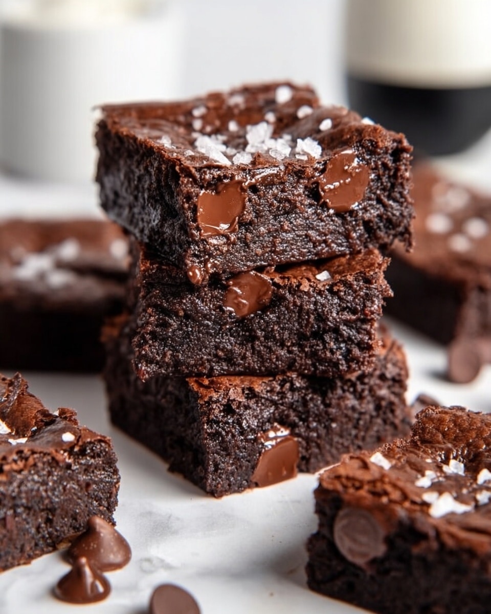 The image shows a stack of three thick, dark brown brownies rich with melted chocolate chips that shine slightly, giving a glossy texture. The brownies have a dense and moist look with uneven edges and are sprinkled with small flakes of sea salt on top. Around the stack, there are more brownies laid flat on a white marbled surface with some loose chocolate chips scattered nearby. The background is softly blurred, showing a white and black cup, adding a cozy feeling. Photo taken with an iphone --ar 4:5 --v 7