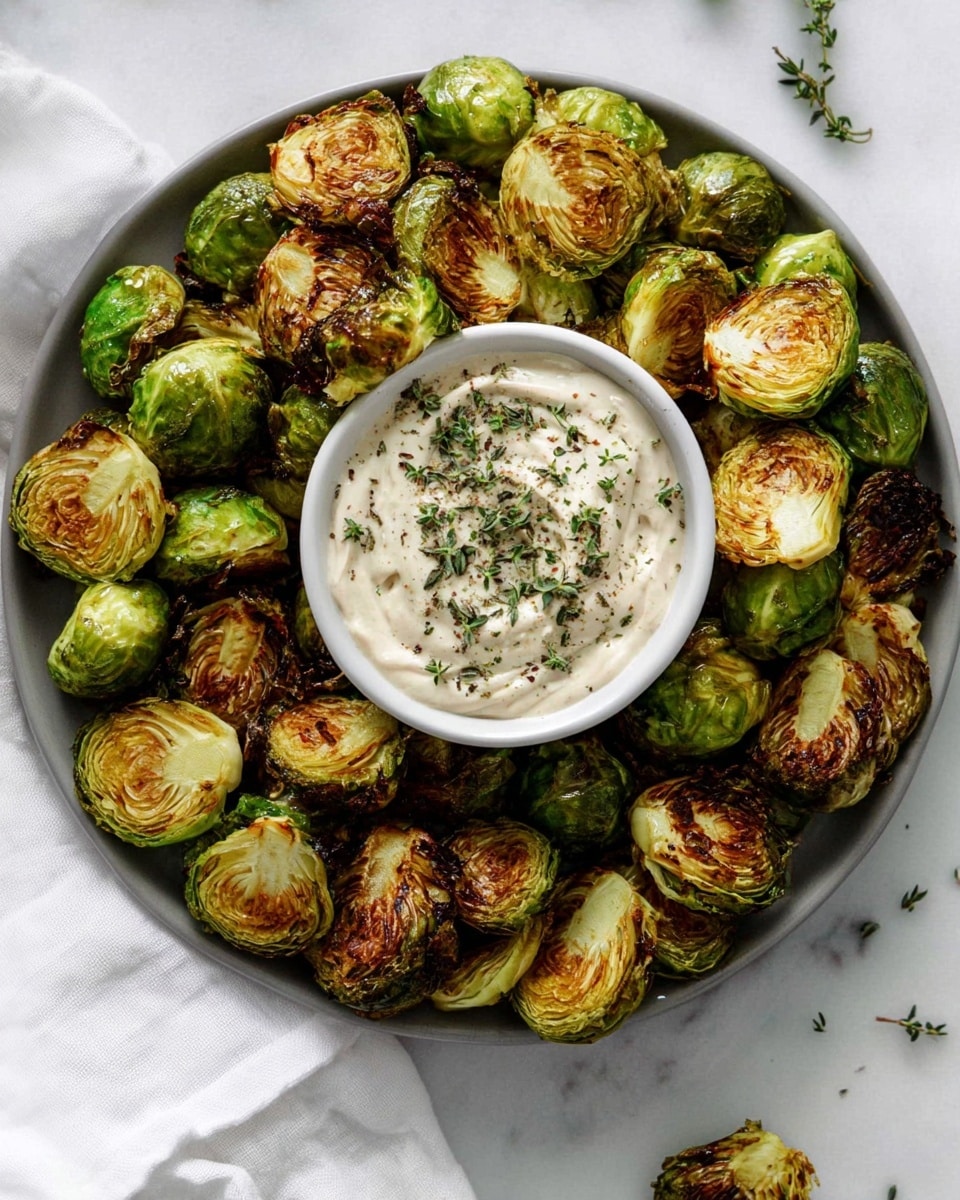 The image shows a white plate full of roasted Brussels sprouts cut in half, with crispy golden edges and bright green inner leaves, arranged around a small white bowl in the center filled with creamy white sauce topped with dried green herbs. The plate is placed on a white marbled surface with a white cloth partially visible under it. Photo taken with an iphone --ar 4:5 --v 7