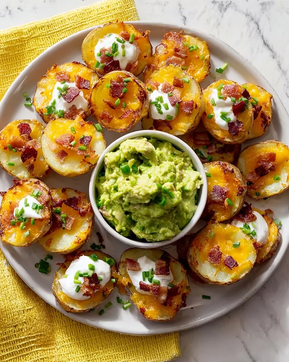 A white plate holds about fifteen small potato halves arranged in a loose circle, each topped with a melted golden orange layer of cheese, a dollop of white sour cream, small crispy brown bacon pieces, and finely chopped green chives. In the center of the plate is a small white bowl filled with bright green mashed avocado, slightly chunky in texture. A yellow cloth napkin is partly under the plate, and the surface beneath is a white marbled texture. The lighting is bright, highlighting the crispy edges and toppings. Photo taken with an iphone --ar 4:5 --v 7