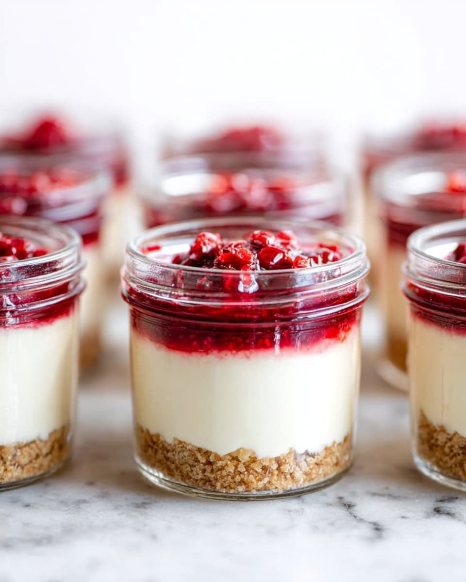The image shows several small clear glass jars filled with a layered dessert, placed on a white marbled table. Each jar has three distinct layers: the bottom layer is crumbly and brown, resembling a crushed biscuit or graham cracker crust. The middle layer is thick, smooth, and creamy white, taking up most of the jar's space. The top layer is a vibrant red fruit compote with visible small berries, slightly glossy and fresh. The jars are arranged closely together, and the bright light highlights the colors and textures clearly. Photo taken with an iphone --ar 4:5 --v 7