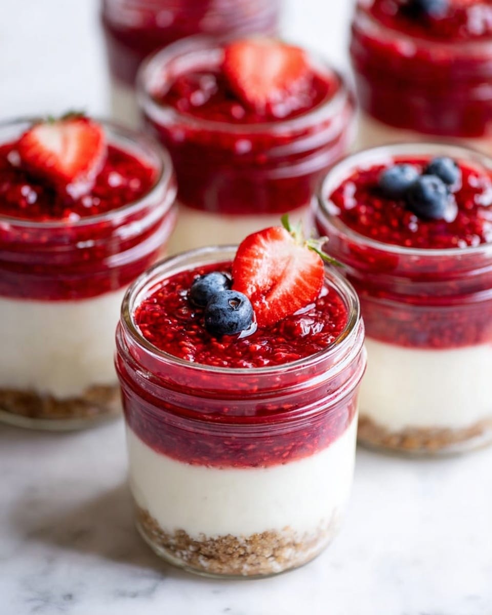 The image shows several small glass jars filled with a three-layer dessert. The bottom layer is crumbly and brown, resembling crushed biscuits. The middle layer is creamy and white, smooth in texture and thick. The top layer is a bright red berry sauce with visible seeds and whole raspberries, giving a textured look. On the top of the nearest jar, there is a half strawberry with its green stem and two small blue blueberries. The jars are placed on a white marbled surface, giving a clean and fresh look. photo taken with an iphone --ar 4:5 --v 7