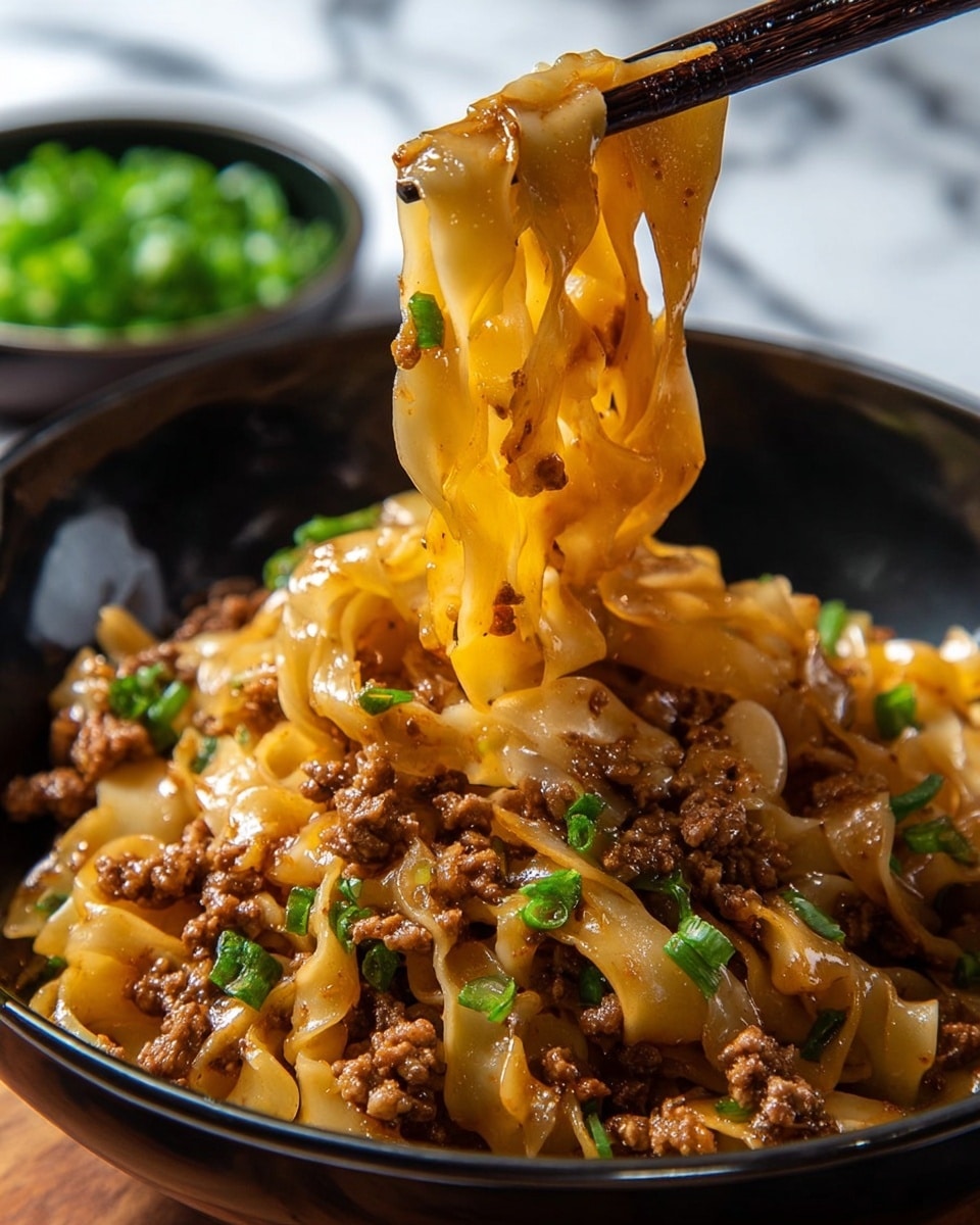 This image shows a close-up of wide, flat noodles lifted with dark chopsticks above a bowl filled with the same noodles mixed with small pieces of brown minced meat and chopped green onions. The noodles are lightly coated with a glossy brown sauce, giving them a shiny and slightly oily look. The bowl is black, and there is a blurred bowl with green chopped onions in the background on a white marbled surface. Photo taken with an iphone --ar 4:5 --v 7