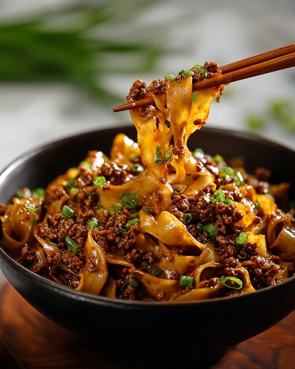 A close-up image of a black bowl filled with wide, flat noodles mixed with small pieces of cooked ground meat in a rich, glossy brown sauce. The noodles are glossy and slightly curled, coated with the thick sauce that clings to them. Green chopped scallions are scattered on top, adding a fresh green contrast. A pair of wooden chopsticks held by a woman's hand lifts a tangled bite of noodles and meat from the bowl. The background shows a white marbled texture with blurred green onions. photo taken with an iphone --ar 4:5 --v 7