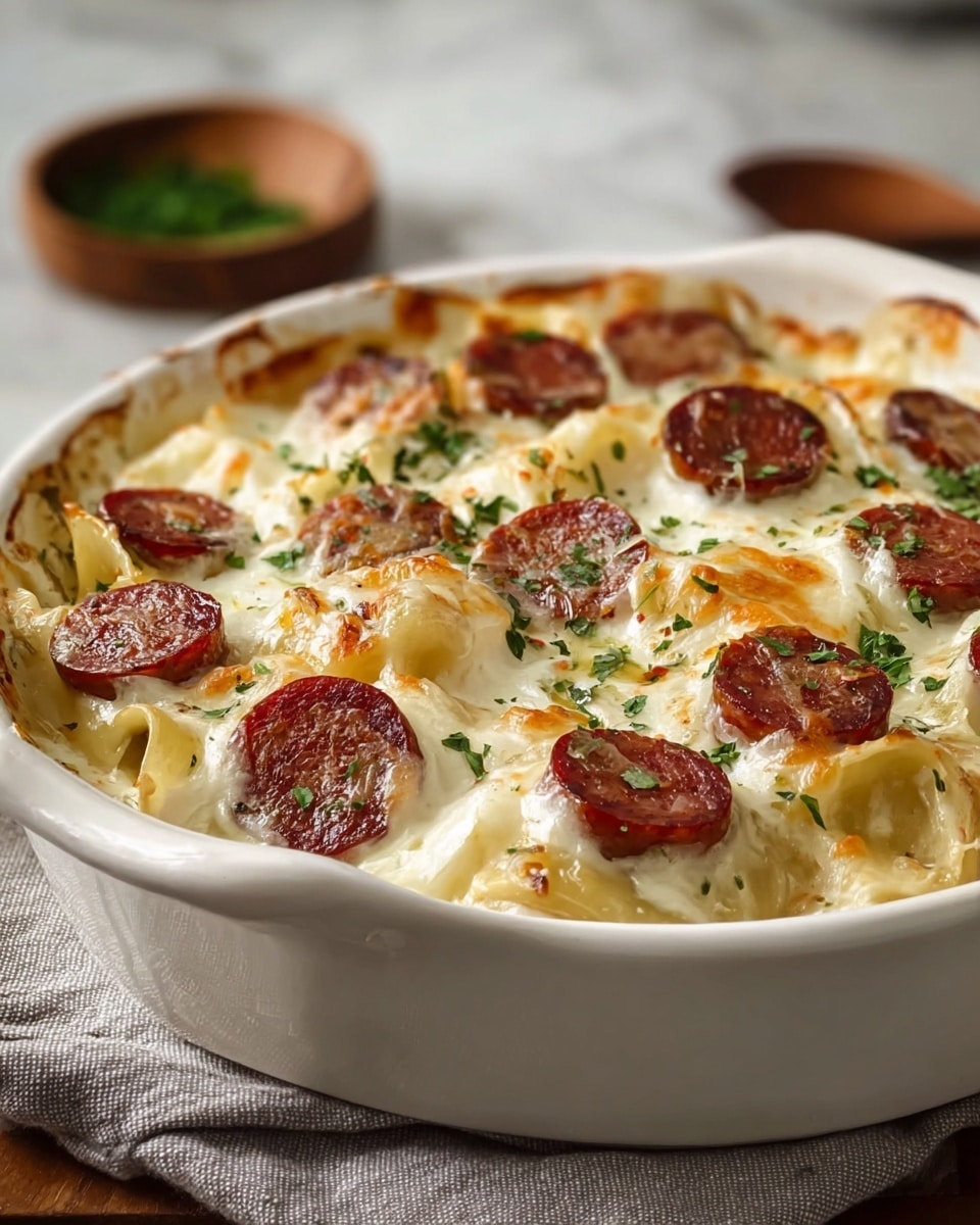 A white dish filled with creamy baked pasta that has several layers; the bottom layer is soft white pasta sheets, followed by creamy melted cheese with golden brown spots on top, scattered with round slices of browned sausage that have a deep reddish-brown color, sprinkled with finely chopped green herbs adding a fresh contrast. The dish sits on a gray cloth on a white marbled surface, and in the background, there is a blurred small wooden bowl with green herbs visible. Photo taken with an iphone --ar 4:5 --v 7