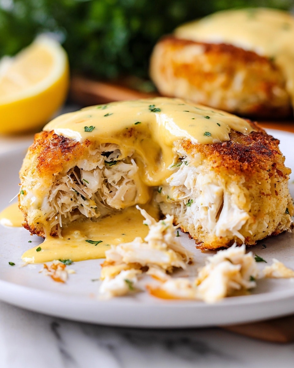 The image shows a creamy crab cake cut in half on a white plate, revealing three layers: a golden brown crispy outer crust, a thick middle layer of white crab meat mixed with a creamy sauce and herbs, topped with a smooth, glossy yellow sauce. The plate has some crumbs and bits of crab meat scattered around, and there is blurred greenery in the background. The photo is taken on a white marbled surface with a soft wooden texture edge. Photo taken with an iphone --ar 4:5 --v 7
