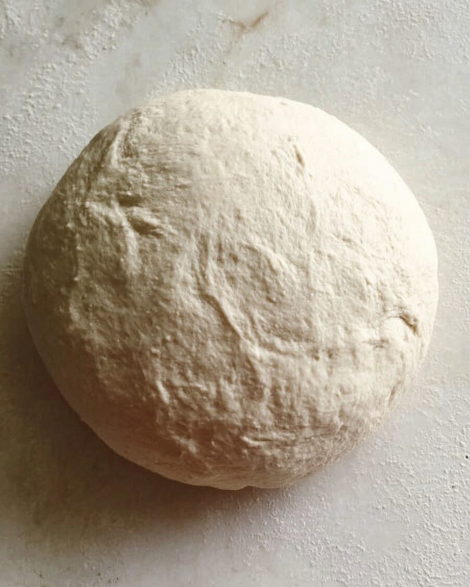 The image shows a round ball of dough with a smooth, slightly textured surface resting on a white marbled texture. The dough has a pale, off-white color with some faint indentations and small cracks, giving it a soft and fresh appearance. There are no other layers or objects in the image. photo taken with an iphone --ar 4:5 --v 7