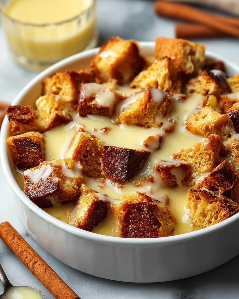 The image shows a white round baking dish filled with a bread pudding made of golden to dark brown toasted bread cubes soaked in a creamy light yellow sauce. The bread cubes are piled up unevenly, with some edges crispy and browned, and the sauce lightly drizzled over the top, filling the gaps between the cubes. The dish is set on a white marbled surface with two cinnamon sticks placed beside it, adding a cozy touch. In the blurred background, there is a small glass container with a similar creamy sauce. The overall look is warm and comforting, showing a rich texture contrast between the crispy bread and the smooth sauce. Photo taken with an iphone --ar 4:5 --v 7