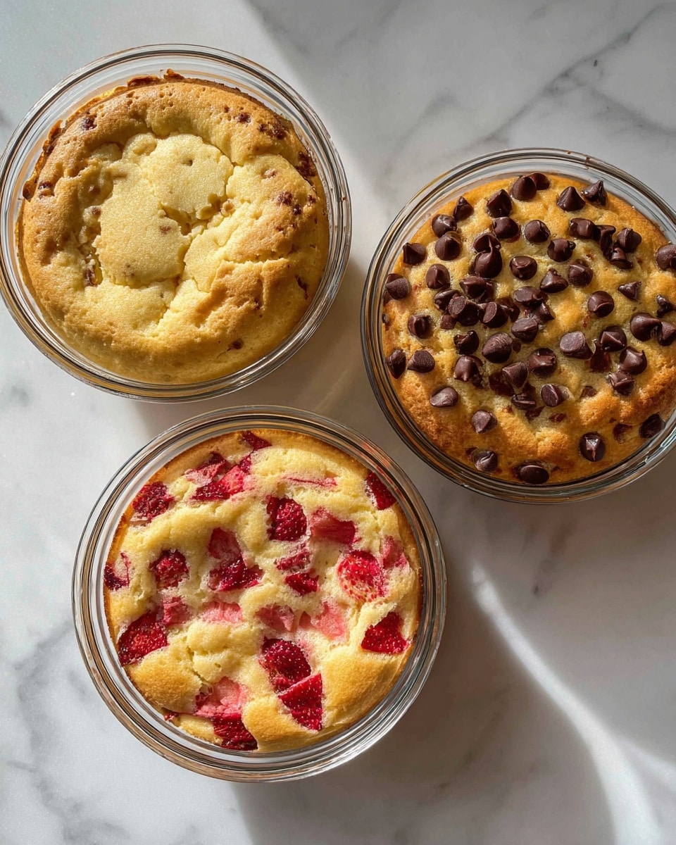 Three round baked cakes sit in clear glass bowls on a white marbled surface. The cake on the top left is plain with a golden brown top that is cracked and has a soft, fluffy texture. The cake on the top right is topped with many small, dark chocolate chips scattered across its golden brown surface, with a slightly cracked texture. The cake at the bottom has chopped red strawberries mixed into the batter and baked into the top, creating a pattern of bright red pieces on a golden brown and fluffy background. The bowls cast soft shadows on the white marbled surface. photo taken with an iphone --ar 4:5 --v 7