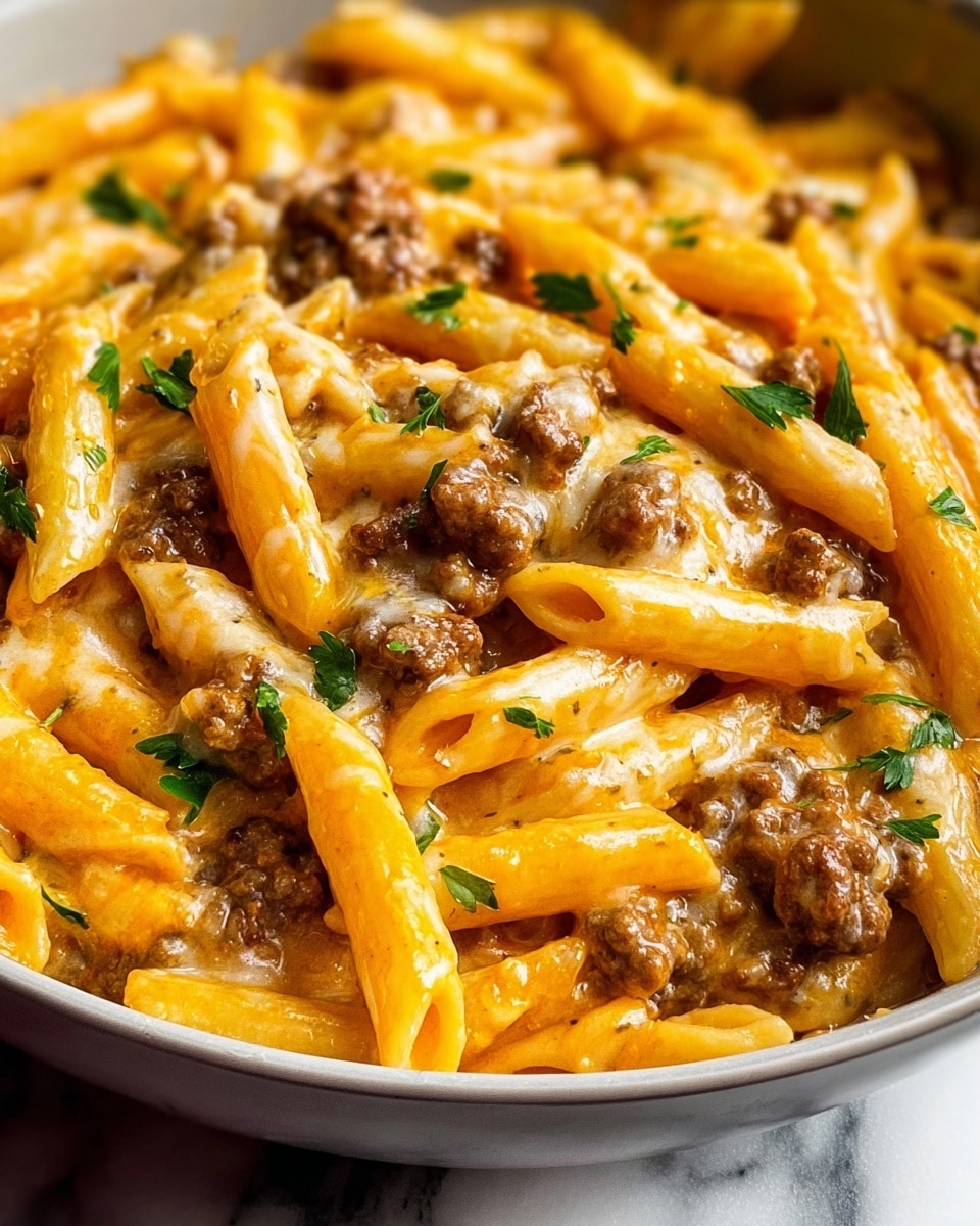 The dish shows a close-up of cooked penne pasta mixed with browned ground beef, all coated in a creamy orange cheese sauce. The penne pasta is yellow-orange, glossy, and well-coated with sauce. Small chunks of cooked ground beef are evenly spread throughout the pasta, adding a rich brown color. There are bits of fresh green parsley sprinkled on top, adding a pop of color. The textures of the creamy sauce, firm pasta, and crumbly meat contrast nicely. The dish is in a white bowl on a white marbled surface, showing a warm, comforting meal. photo taken with an iphone --ar 4:5 --v 7