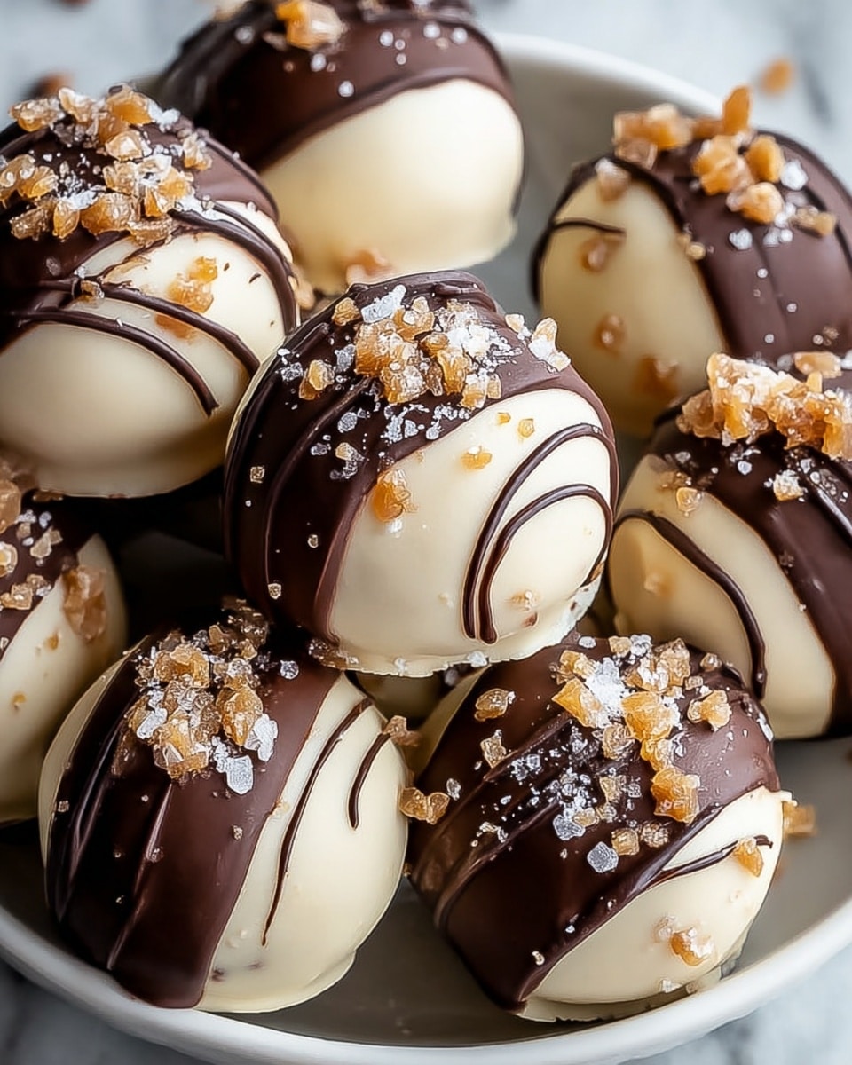 The image shows several round, bite-sized treats with three layers: the bottom layer is light brown caramel that looks sticky, the middle layer is thick and creamy off-white, and the top layer is dark chocolate that is smooth with thin drizzles of extra chocolate. The treats are sprinkled with small pieces of crushed nuts and coarse salt that add texture and color contrast. One of the treats in the center is bitten, revealing the creamy middle and sticky caramel inside. The treats sit close together on a white plate, all resting on a white marbled surface. photo taken with an iphone --ar 4:5 --v 7