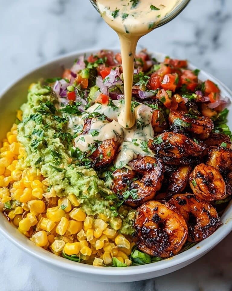 Grilled Shrimp Bowl with Avocado Corn Salsa & Creamy Garlic Sauce Recipe
