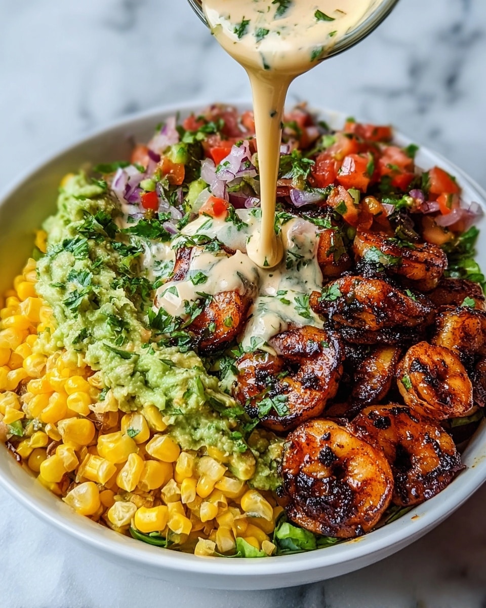 A white bowl holds a layered shrimp bowl with five main layers. The bottom layer is bright yellow corn kernels stacked on the left side. Next to the corn is a vibrant green guacamole with a creamy texture. Adjacent to the guacamole is a layer of fresh red and green salsa made with diced tomatoes, onions, and cilantro. The right half of the bowl is filled with grilled shrimp that have a dark brown char, showing crispy edges and a rich, cooked texture. Creamy sauce is being poured on top, light beige with green herbs, adding a smooth and fresh look. The bowl is placed on a white marbled texture. photo taken with an iphone --ar 4:5 --v 7