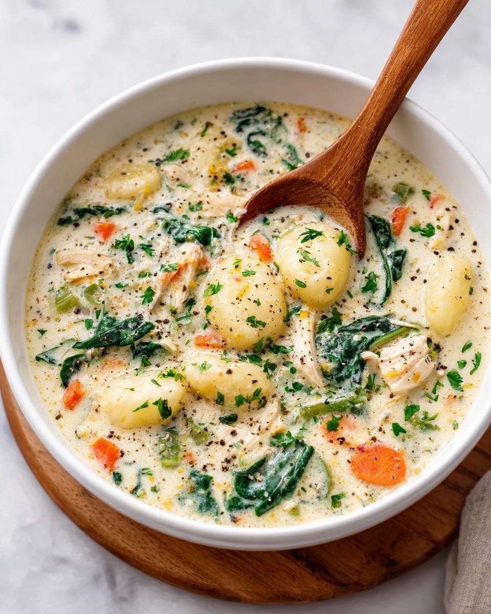 A bowl of creamy soup filled with several layers and colors; the base is a thick, white creamy broth speckled with herbs, inside are soft, light yellow gnocchi pieces floating throughout, mixed with bright green spinach leaves, thin orange carrot strips, and small white chunks of chicken. The soup is garnished with finely chopped green parsley and black pepper. A wooden spoon rests in the bowl, partially submerged, highlighting the texture and ingredients of the soup. The bowl is white and sits on a wooden board placed on a white marbled surface photo taken with an iphone --ar 4:5 --v 7